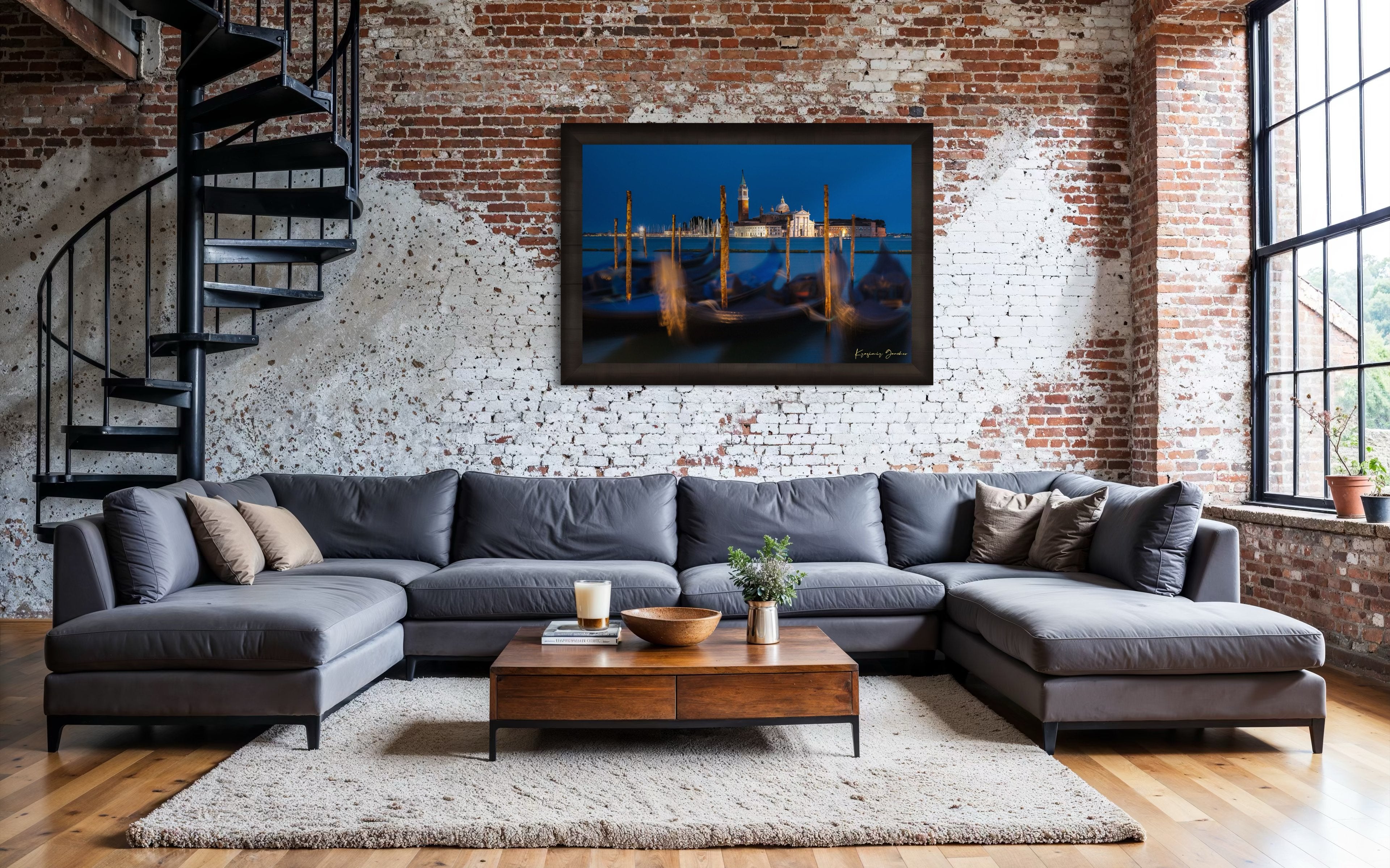 Venice lagoon at evening, San Giorgio Maggiore Church illuminated with gondolas and cool blue sky. #Finish_Roma Dark Ash Frame