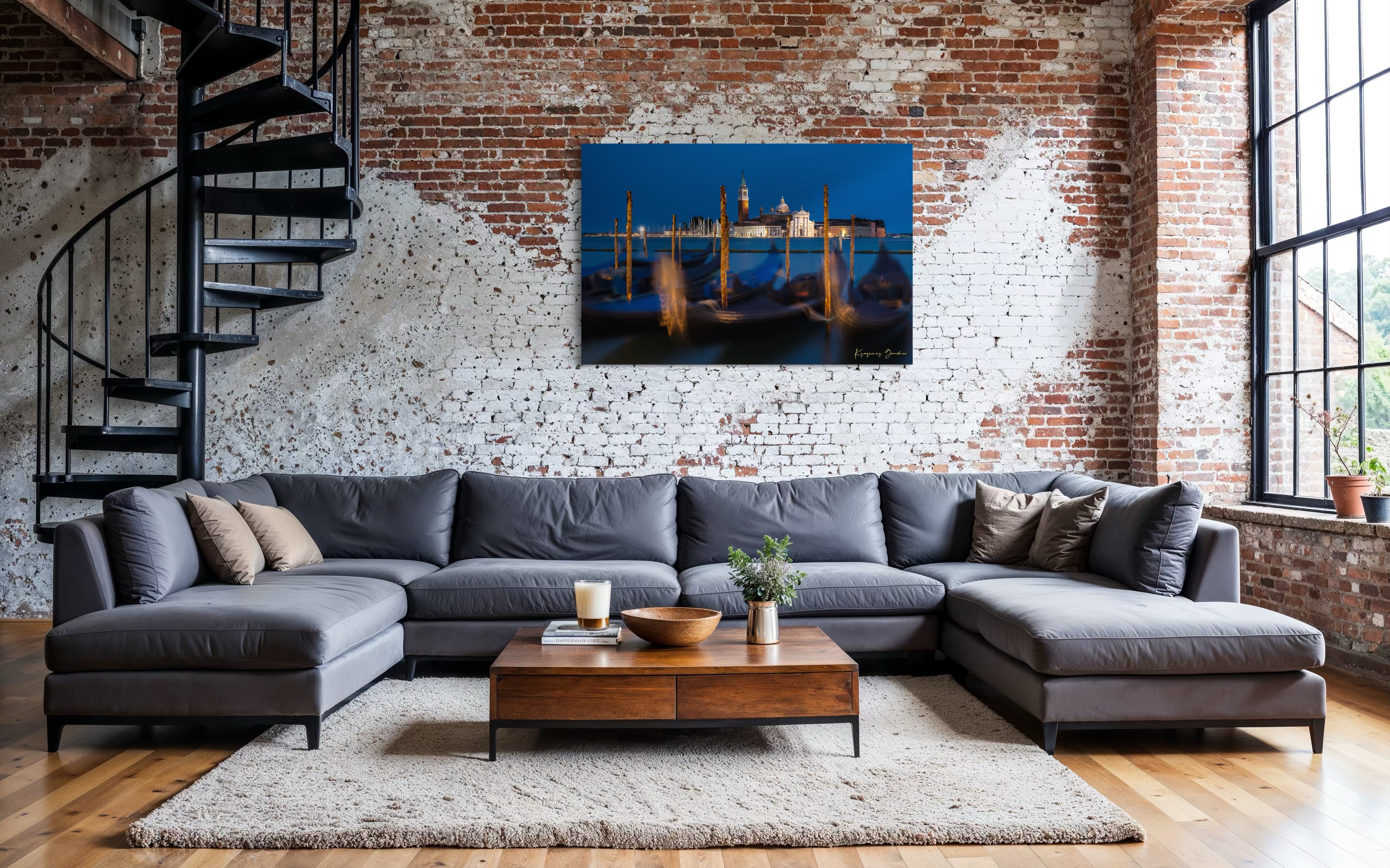 Venice lagoon at evening, San Giorgio Maggiore Church illuminated with gondolas and cool blue sky. #Finish_Acrylic Recess