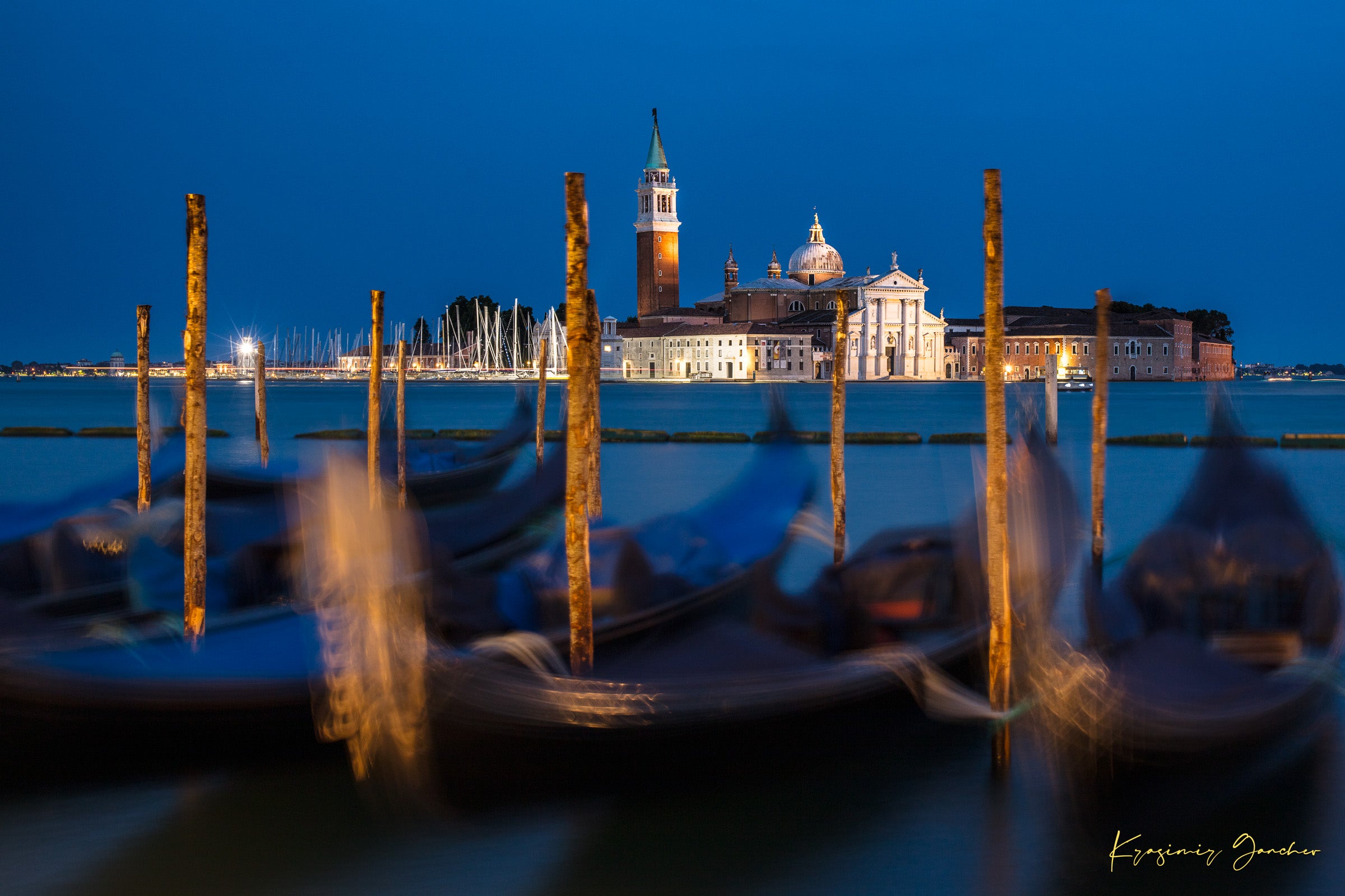 Venice lagoon at evening, San Giorgio Maggiore Church illuminated with gondolas and cool blue sky. #Finish_Acrylic Recess