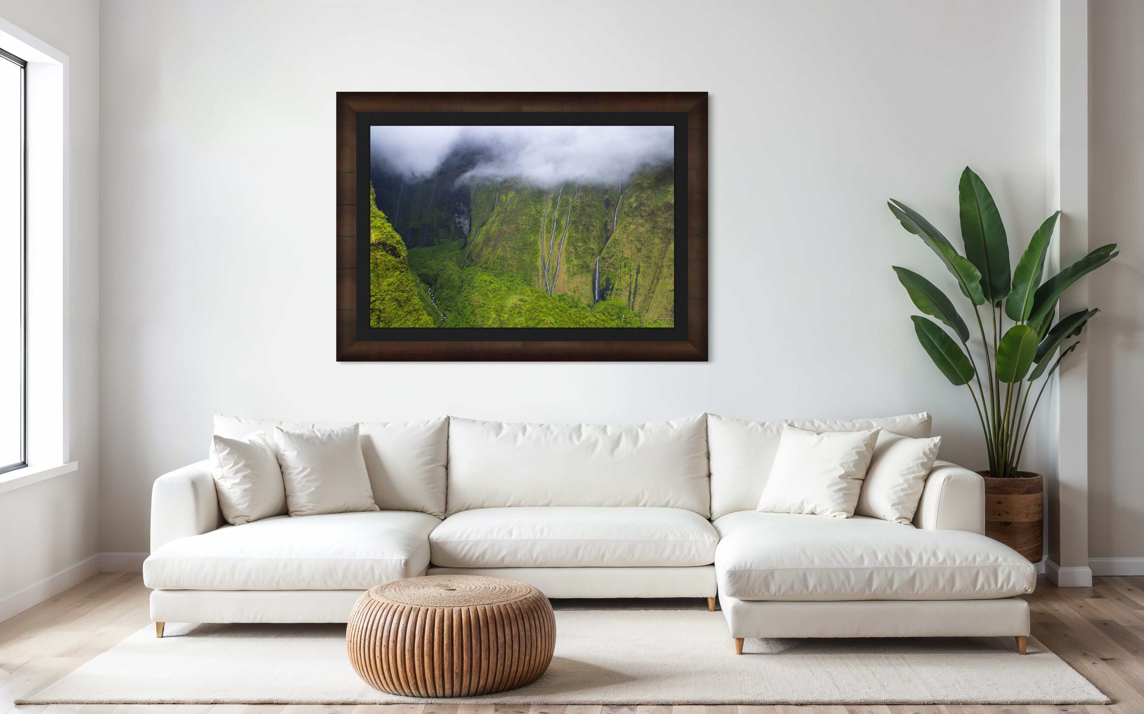 Multiple cascading waterfalls descending a cliff face in the Weeping Wall region, Kauai, during daylight under cloud cover. #Finish_Roma Cigar Leaf Frame & Dark Liner