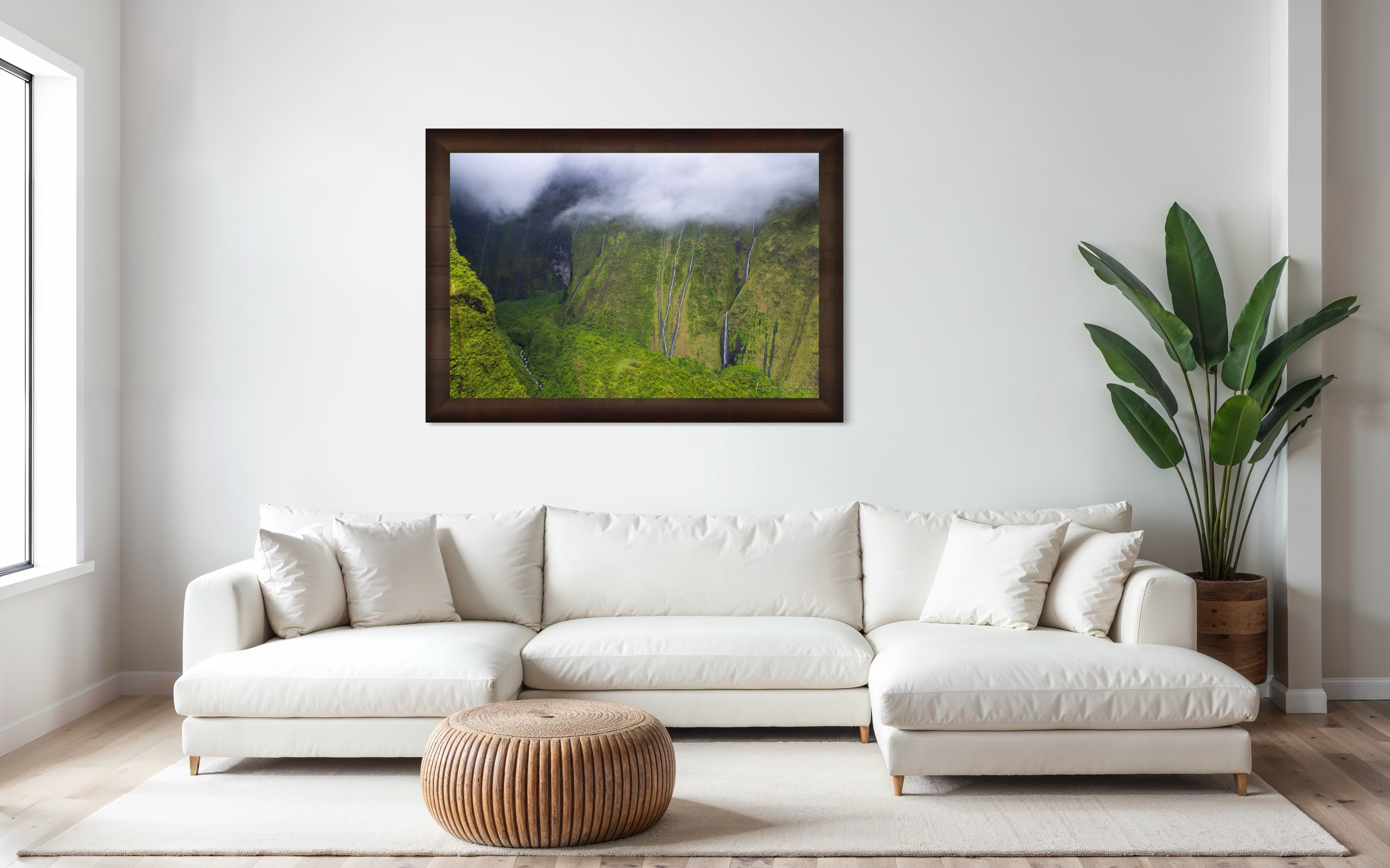 Multiple cascading waterfalls descending a cliff face in the Weeping Wall region, Kauai, during daylight under cloud cover. #Finish_Roma Cigar Leaf Frame