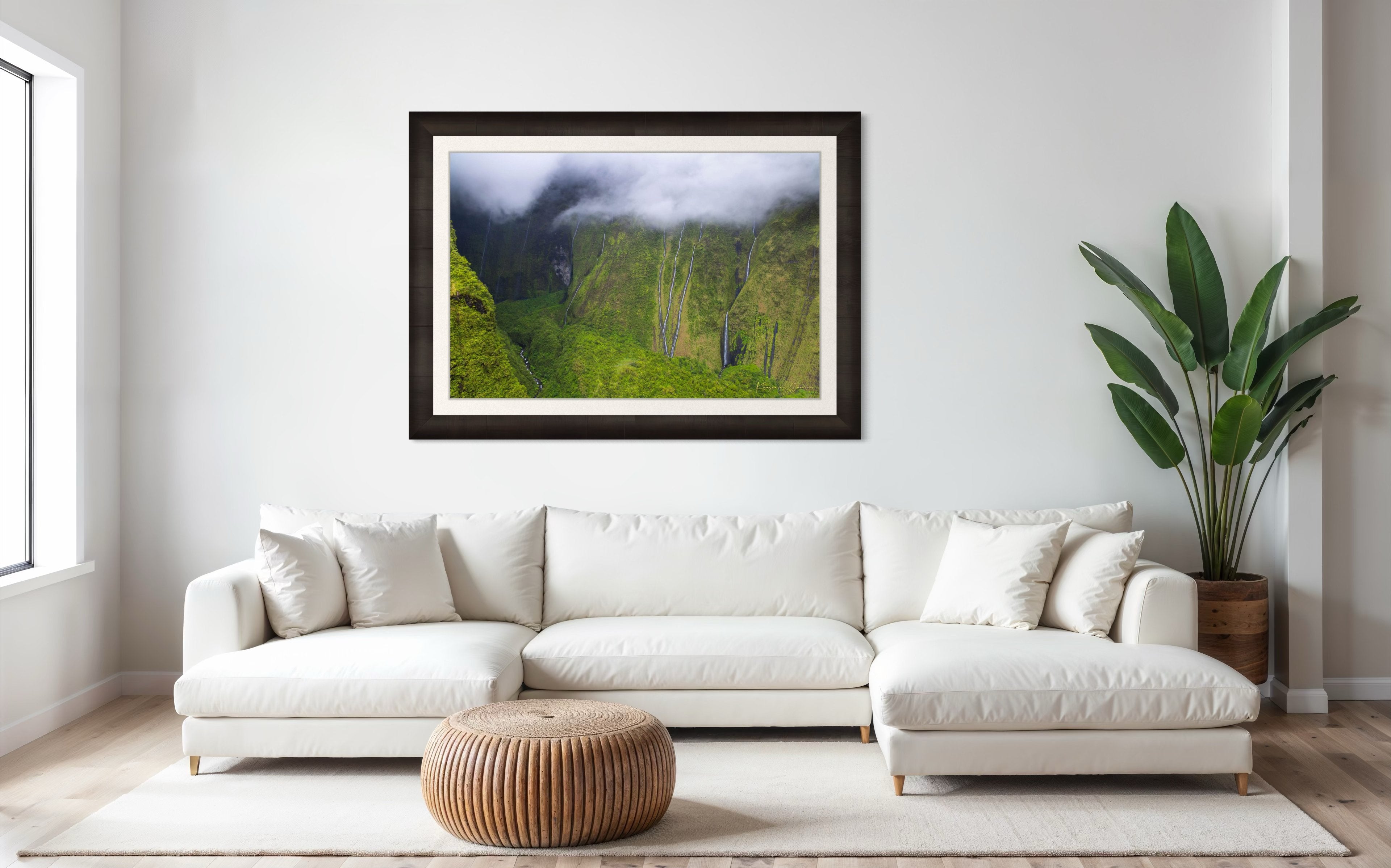 Multiple cascading waterfalls descending a cliff face in the Weeping Wall region, Kauai, during daylight under cloud cover. #Finish_Roma Dark Ash Frame & Bright Liner