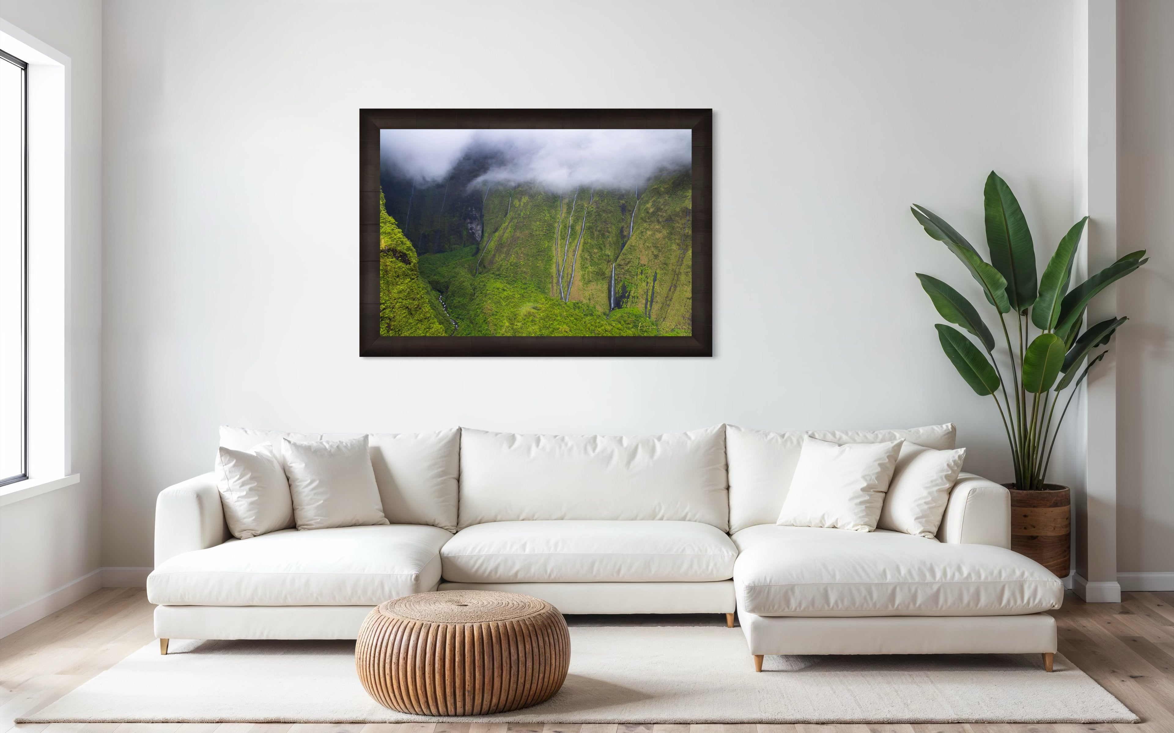 Multiple cascading waterfalls descending a cliff face in the Weeping Wall region, Kauai, during daylight under cloud cover. #Finish_Roma Dark Ash Frame