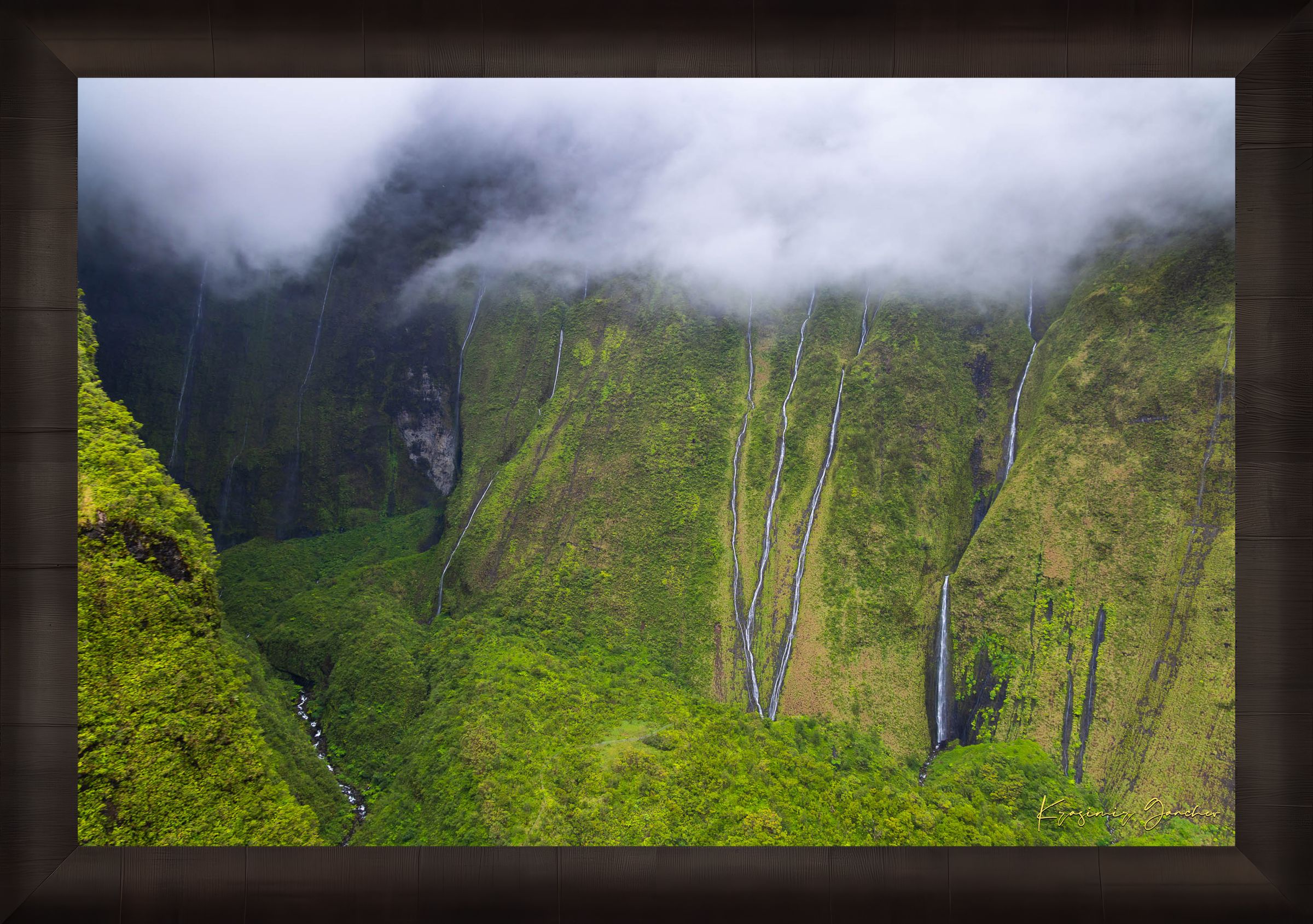 Multiple cascading waterfalls descending a cliff face in the Weeping Wall region, Kauai, during daylight under cloud cover. #Finish_Roma Dark Ash Frame