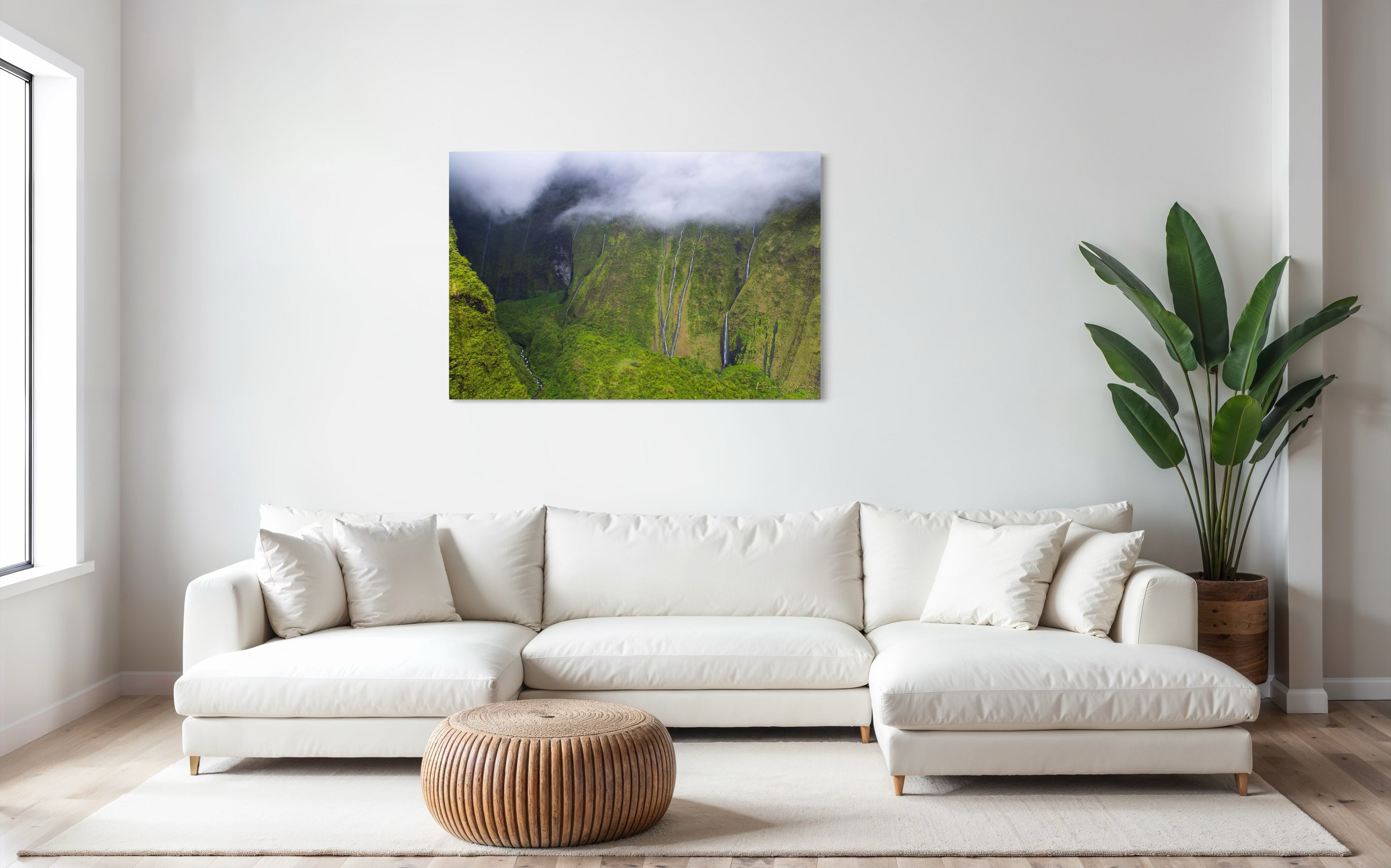 Multiple cascading waterfalls descending a cliff face in the Weeping Wall region, Kauai, during daylight under cloud cover. #Finish_Acrylic Recess