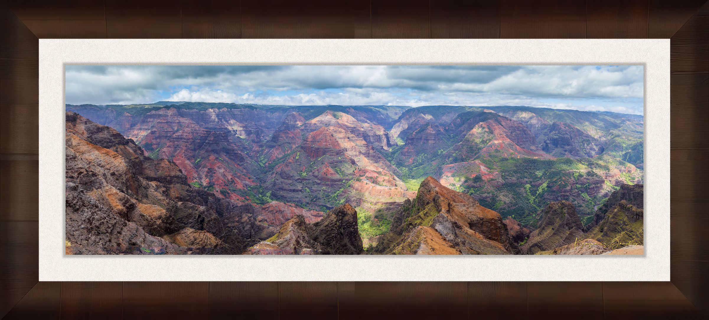 Rugged canyon landscape of Waimea Canyon on Kauai with light and shadow across eroded terrain under clouds. #Finish_Roma Cigar Leaf Frame & Bright Liner