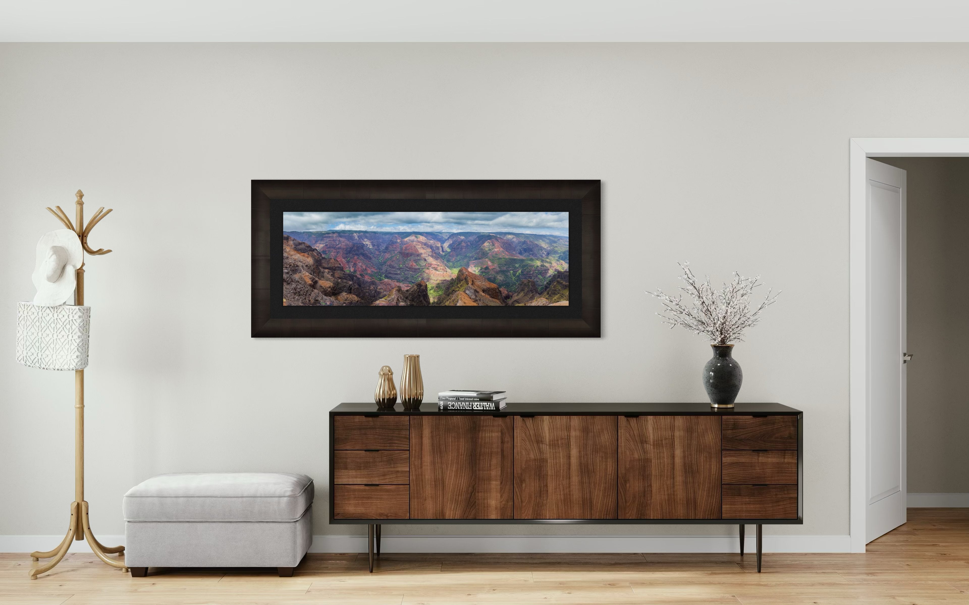 Rugged canyon landscape of Waimea Canyon on Kauai with light and shadow across eroded terrain under clouds. #Finish_Roma Dark Ash Frame & Dark Liner