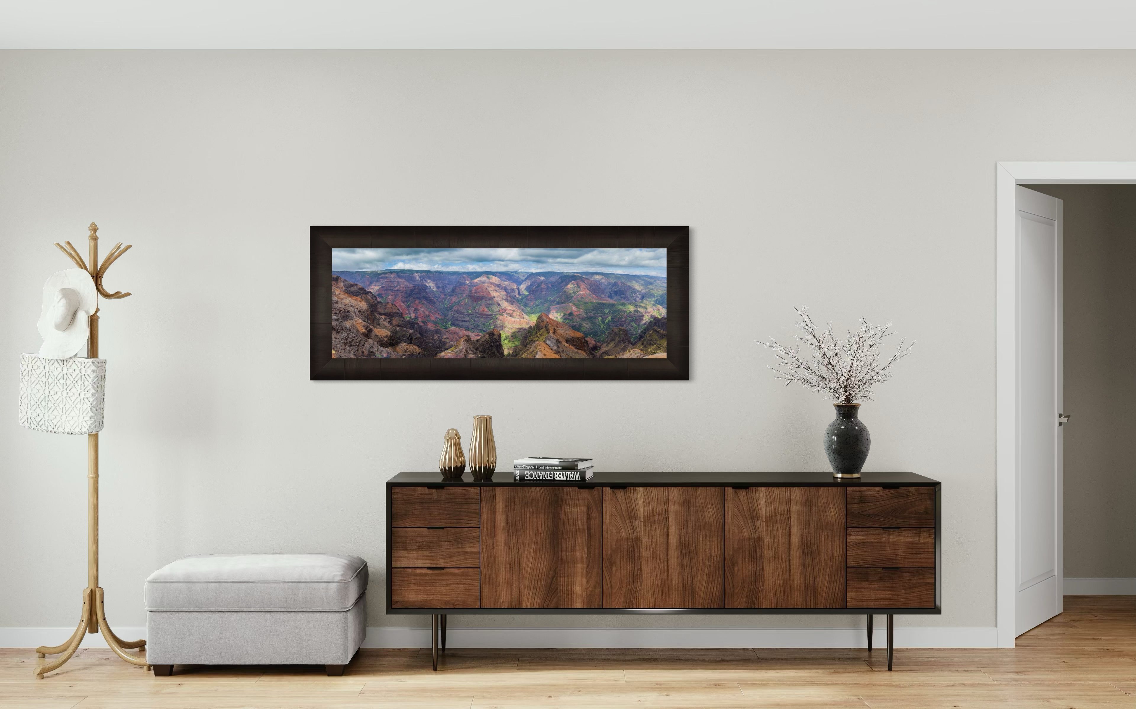 Rugged canyon landscape of Waimea Canyon on Kauai with light and shadow across eroded terrain under clouds. #Finish_Roma Dark Ash Frame