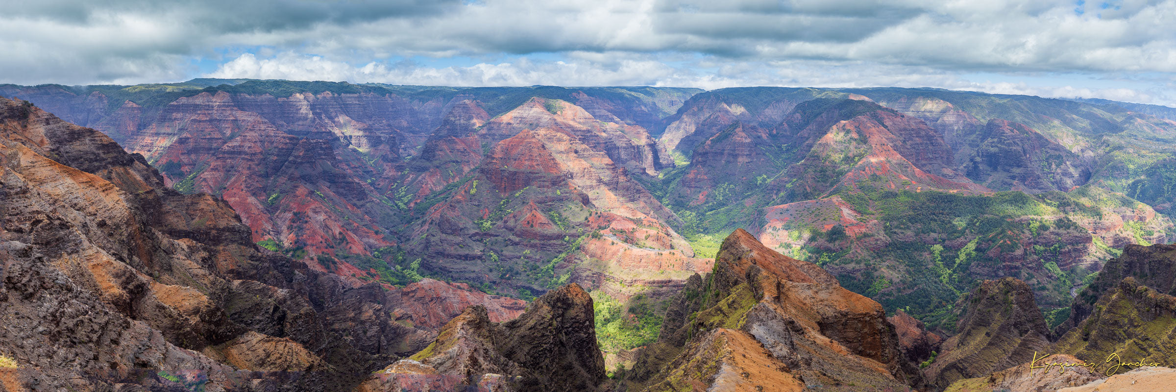 Rugged canyon landscape of Waimea Canyon on Kauai with light and shadow across eroded terrain under clouds. #Finish_Acrylic Recess