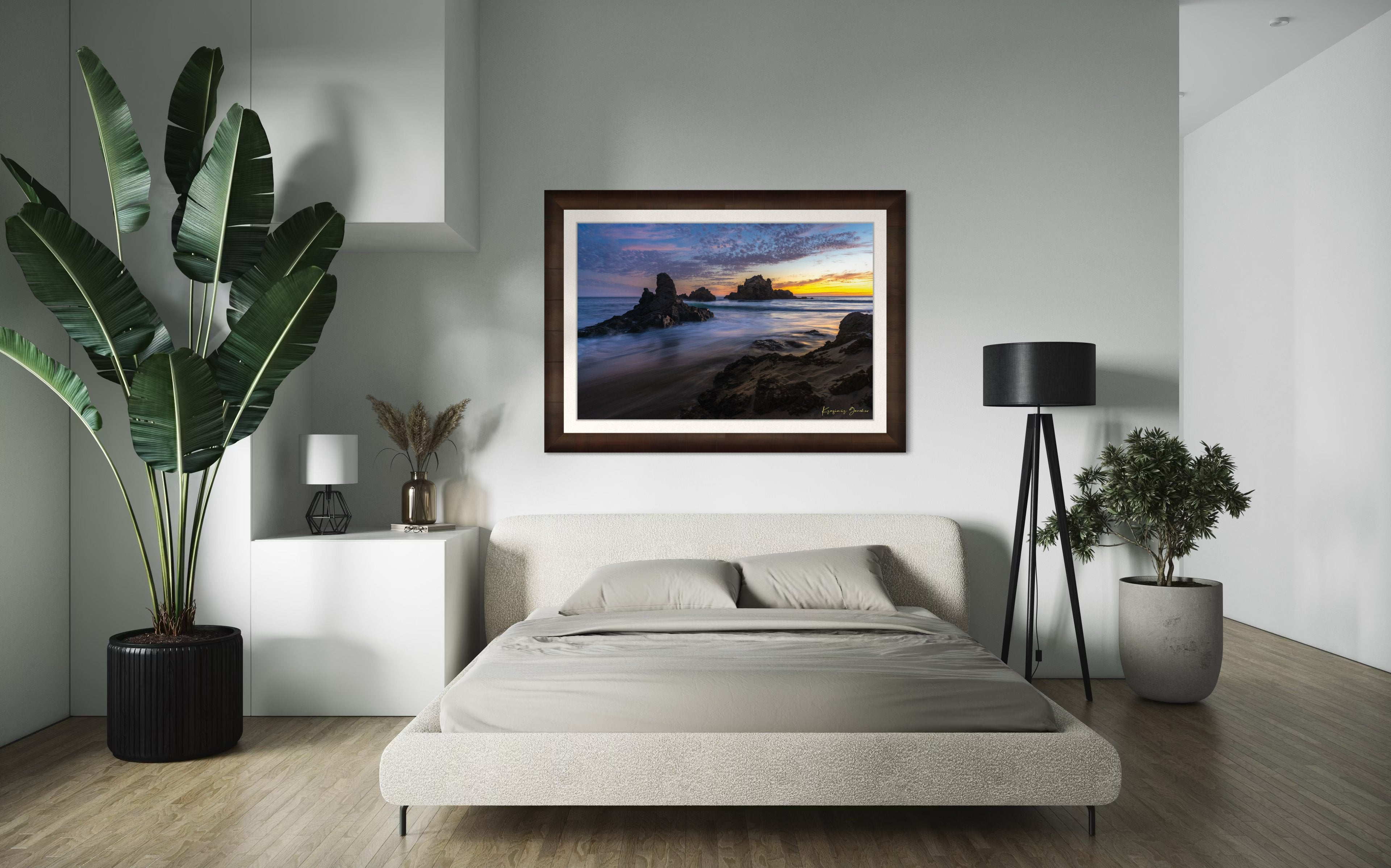 Sunset on Pfeiffer Beach, Big Sur, California, showing ocean waves and coastal rocks under soft light. #Finish_Roma Cigar Leaf Frame & Bright Liner
