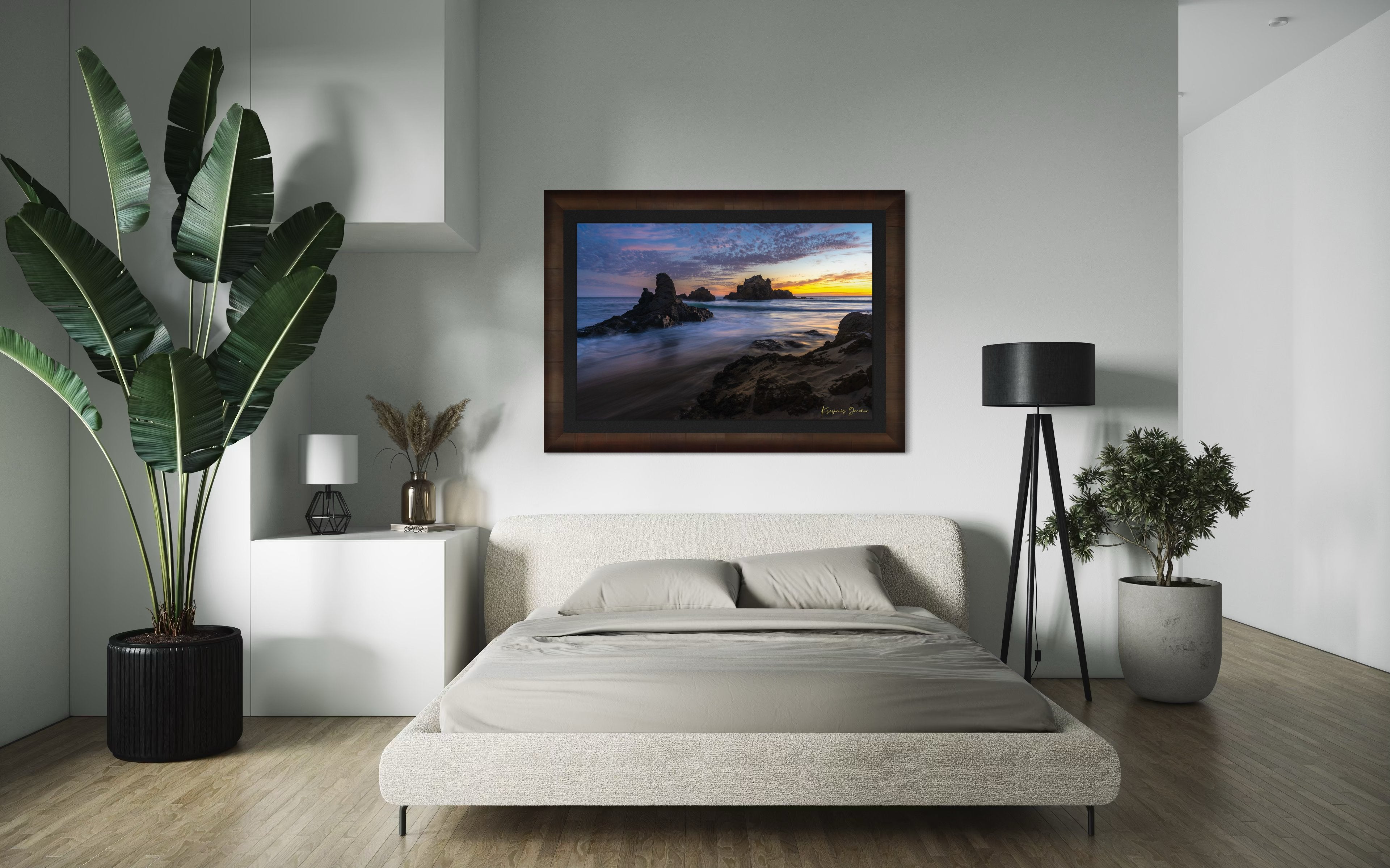 Sunset on Pfeiffer Beach, Big Sur, California, showing ocean waves and coastal rocks under soft light. #Finish_Roma Cigar Leaf Frame & Dark Liner