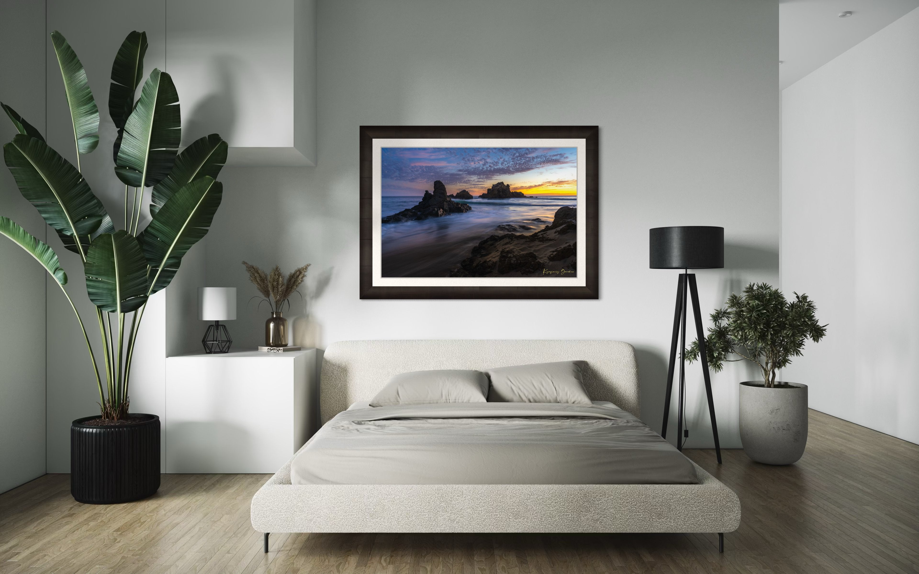 Sunset on Pfeiffer Beach, Big Sur, California, showing ocean waves and coastal rocks under soft light. #Finish_Roma Dark Ash Frame & Bright Liner