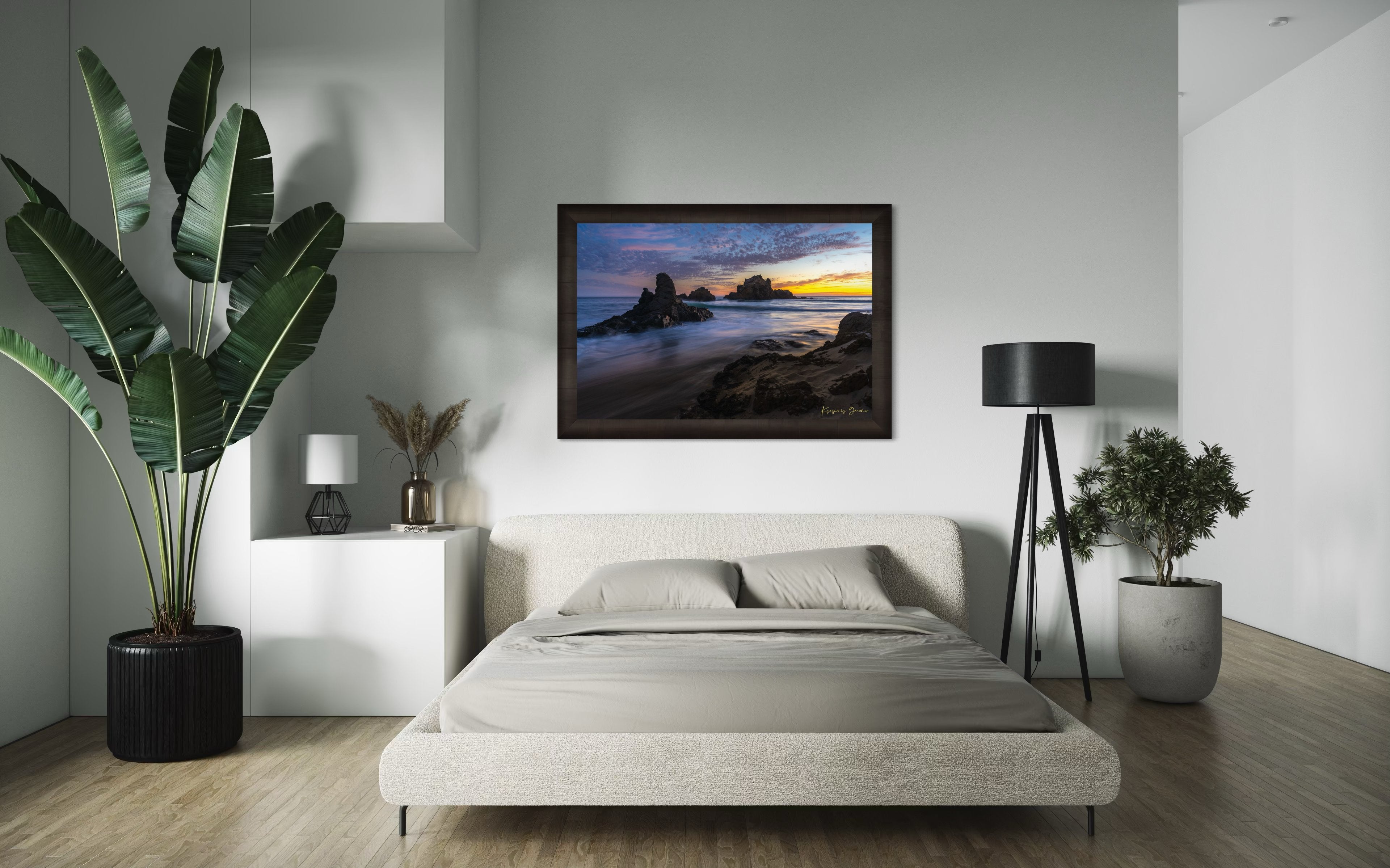 Sunset on Pfeiffer Beach, Big Sur, California, showing ocean waves and coastal rocks under soft light. #Finish_Roma Dark Ash Frame
