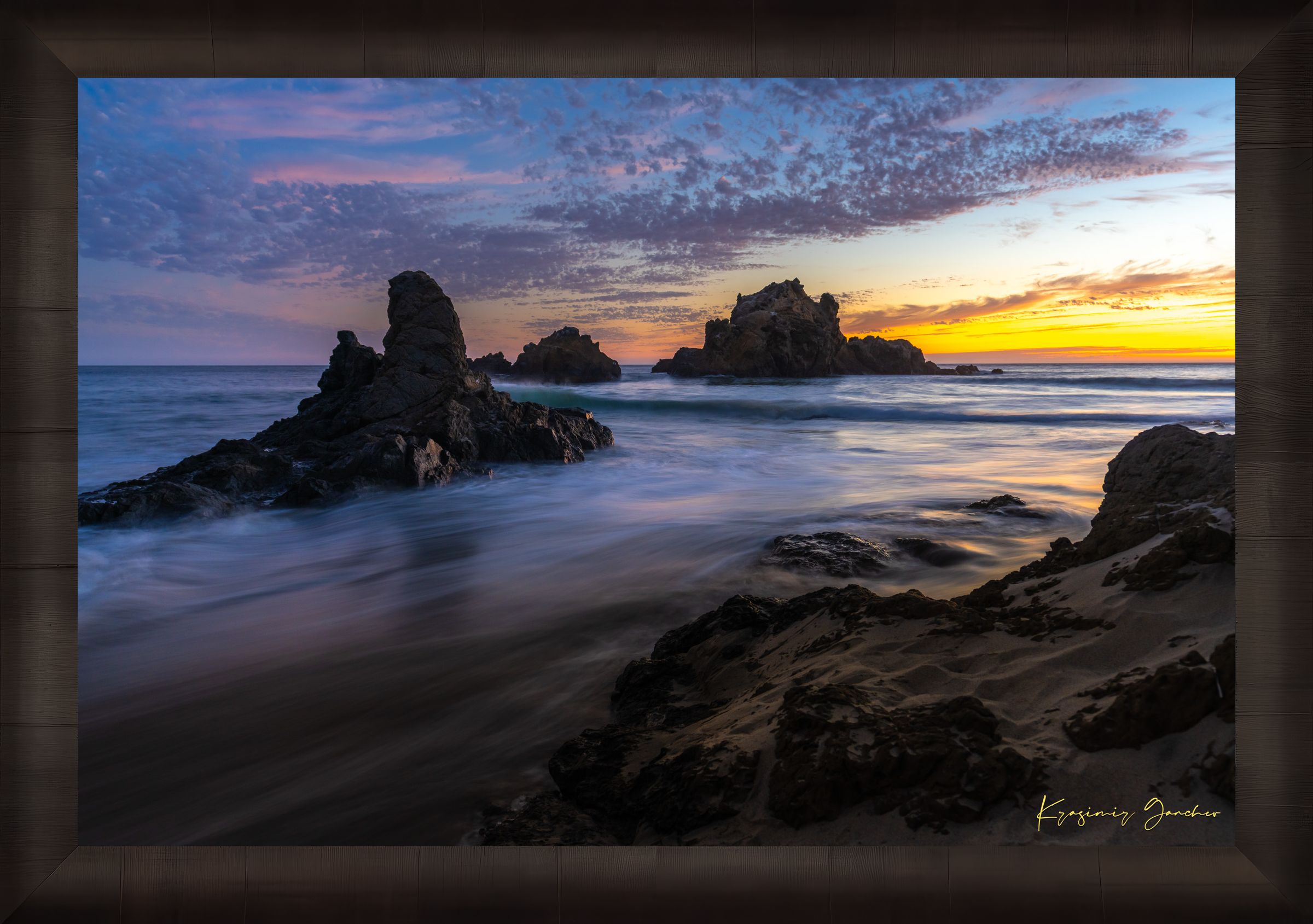 Sunset on Pfeiffer Beach, Big Sur, California, showing ocean waves and coastal rocks under soft light. #Finish_Roma Dark Ash Frame
