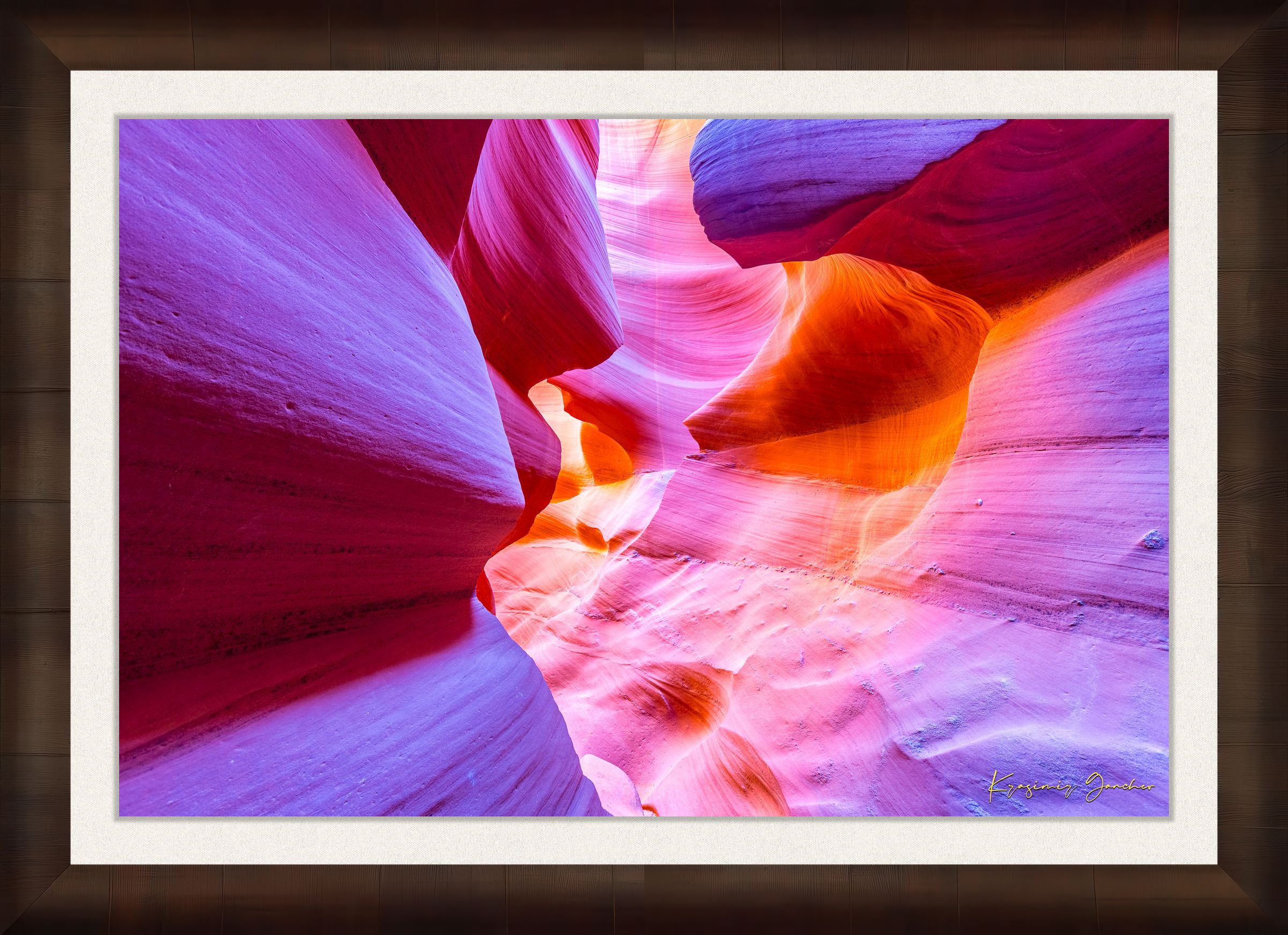 Vertical sunlight piercing a narrow canyon in page, highlighting layered sandstone walls. #Finish_Roma Cigar Leaf Frame & Bright Liner