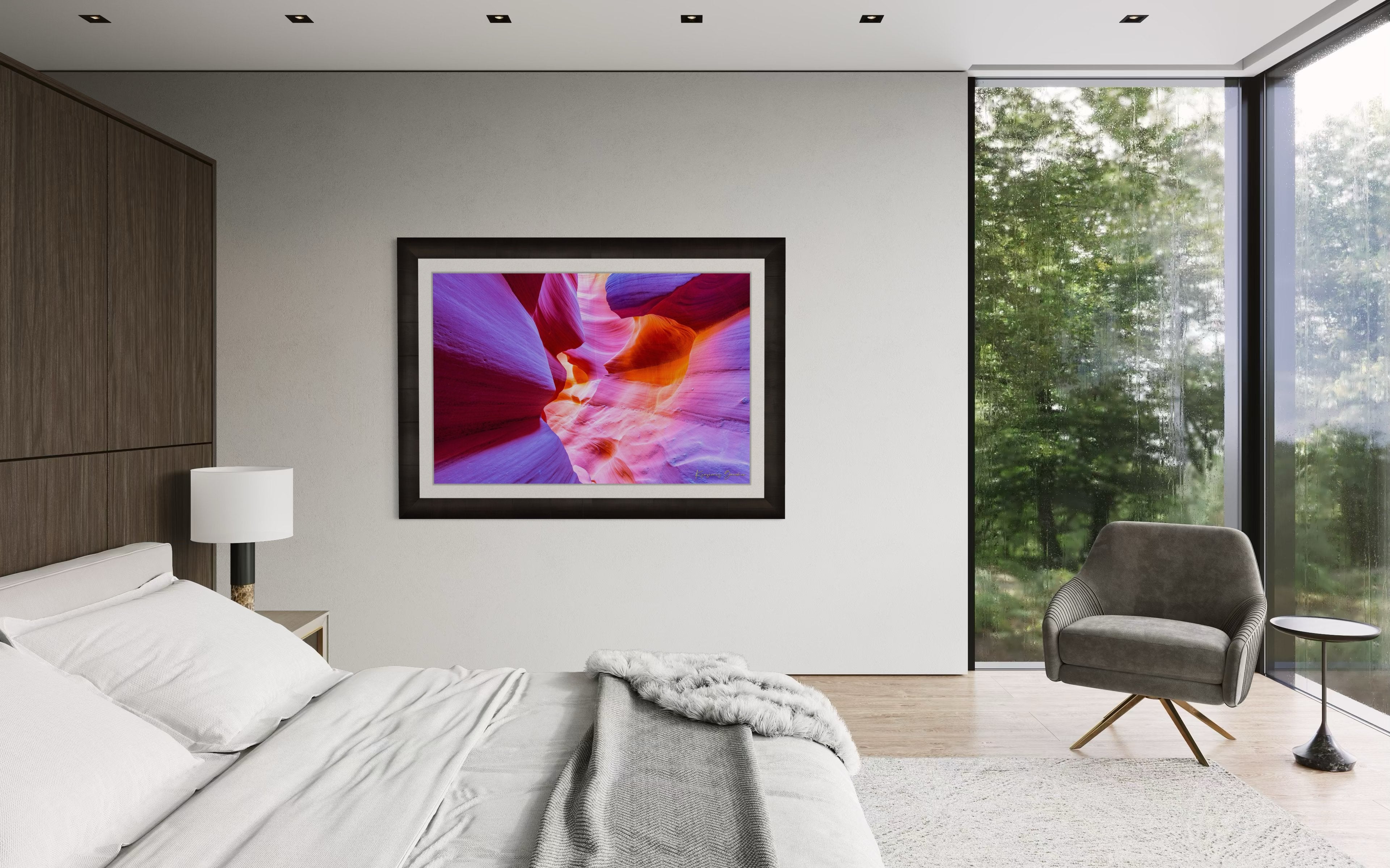 Vertical sunlight piercing a narrow canyon in page, highlighting layered sandstone walls. #Finish_Roma Dark Ash Frame & Bright Liner