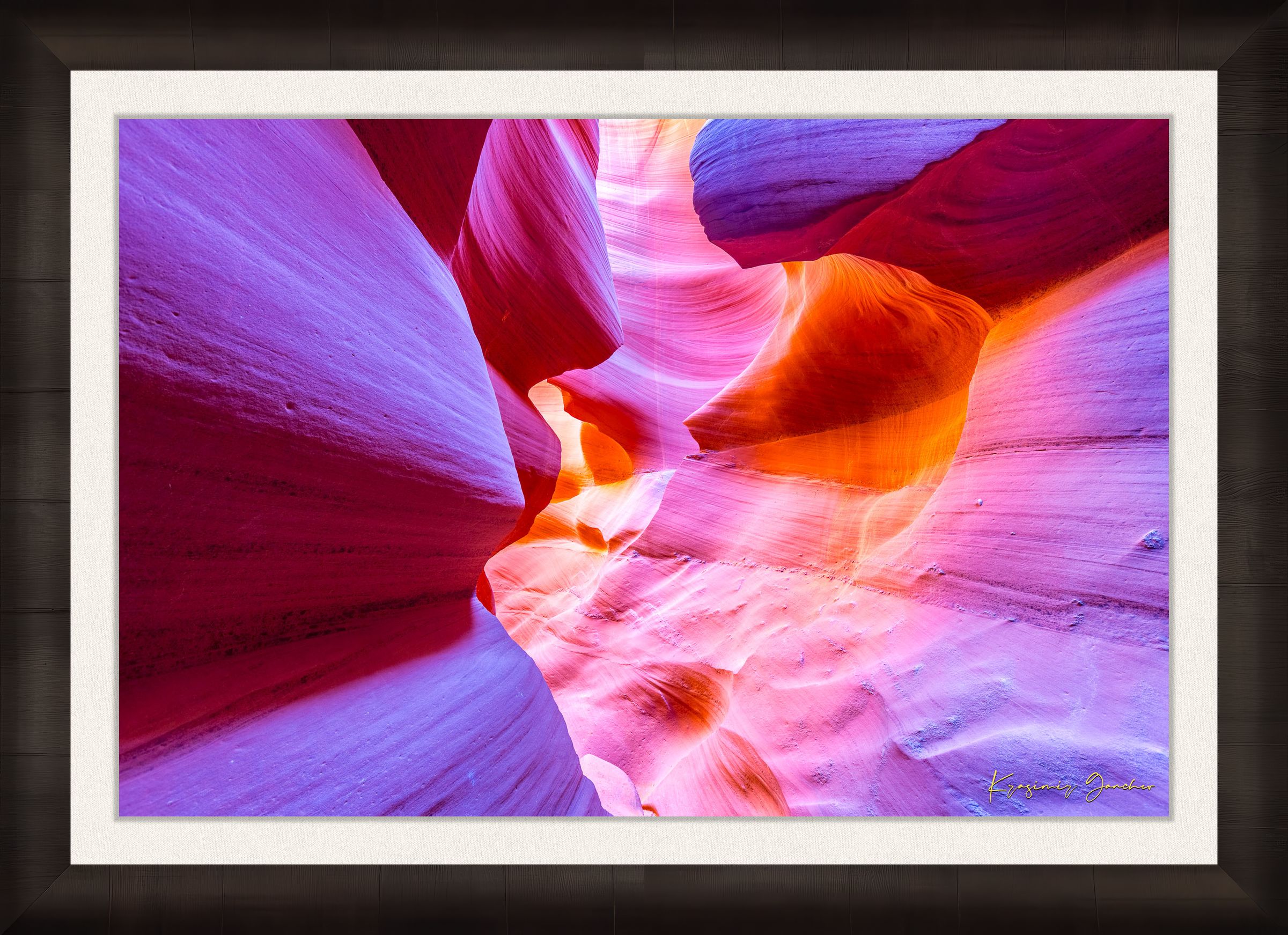 Vertical sunlight piercing a narrow canyon in page, highlighting layered sandstone walls. #Finish_Roma Dark Ash Frame & Bright Liner