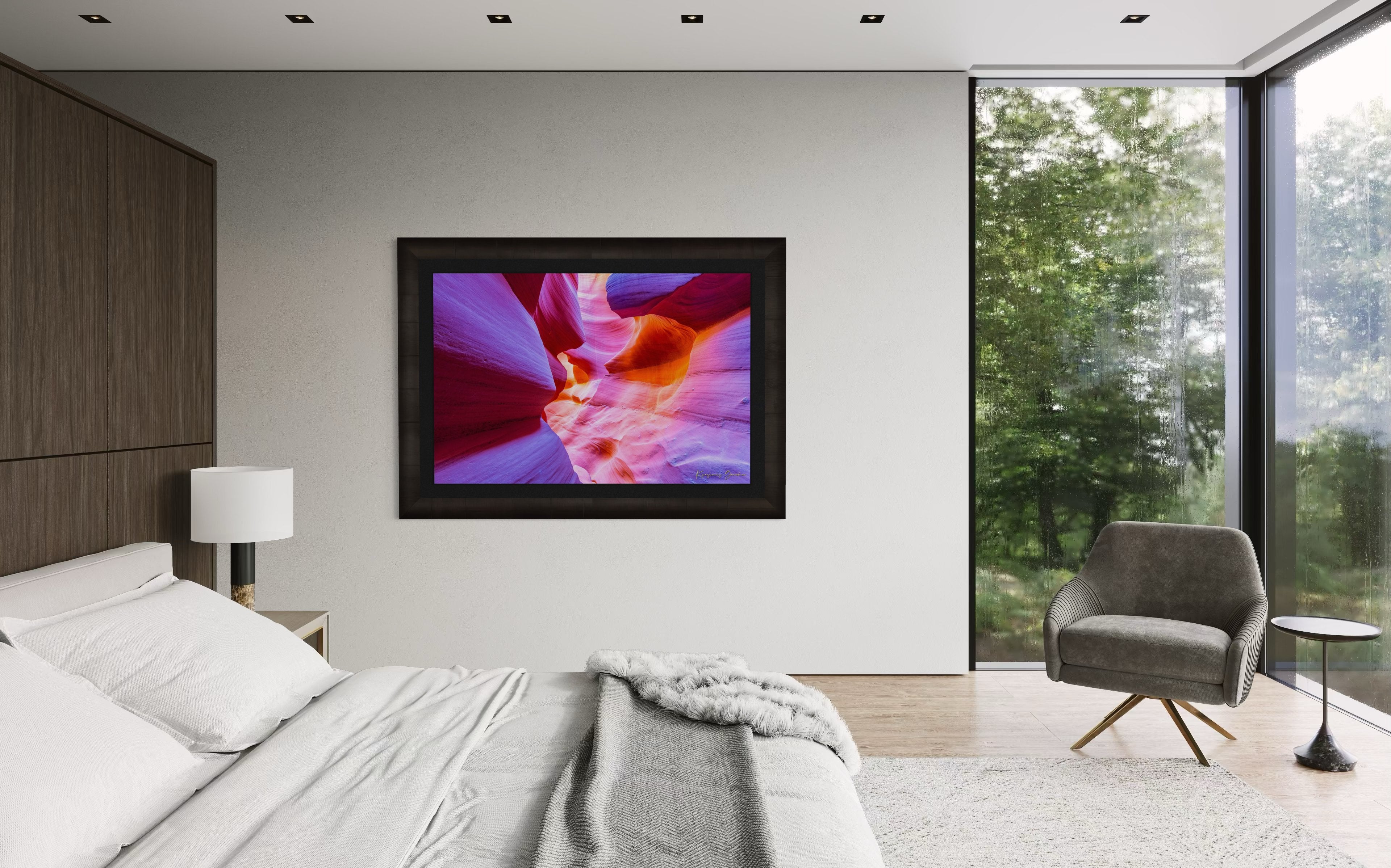 Vertical sunlight piercing a narrow canyon in page, highlighting layered sandstone walls. #Finish_Roma Dark Ash Frame & Dark Liner