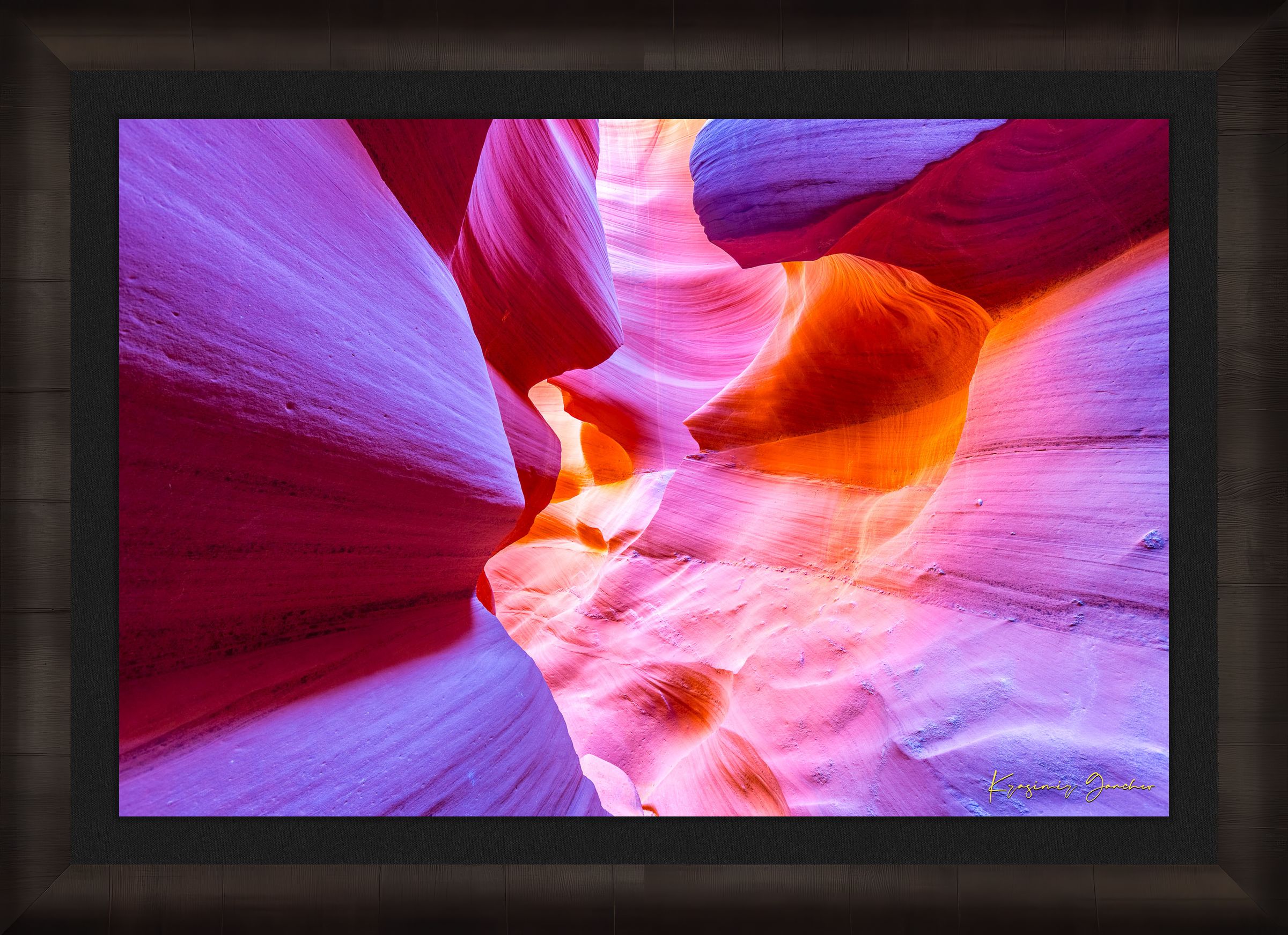 Vertical sunlight piercing a narrow canyon in page, highlighting layered sandstone walls. #Finish_Roma Dark Ash Frame & Dark Liner