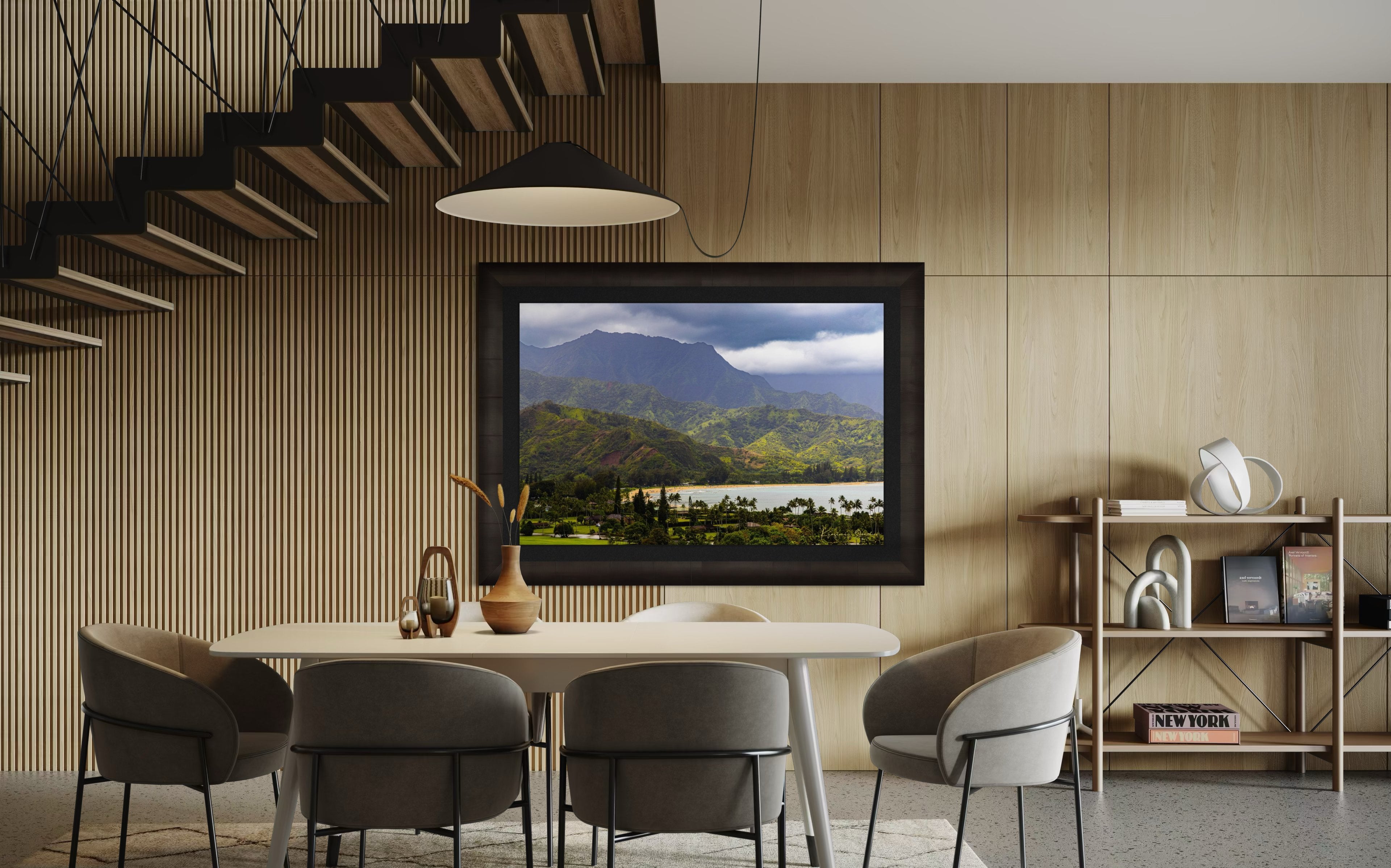 Ocean view of Hanalei Bay on Kauai's coast with lush hills and distant cloud-covered peaks. #Finish_Roma Dark Ash Frame & Dark Liner