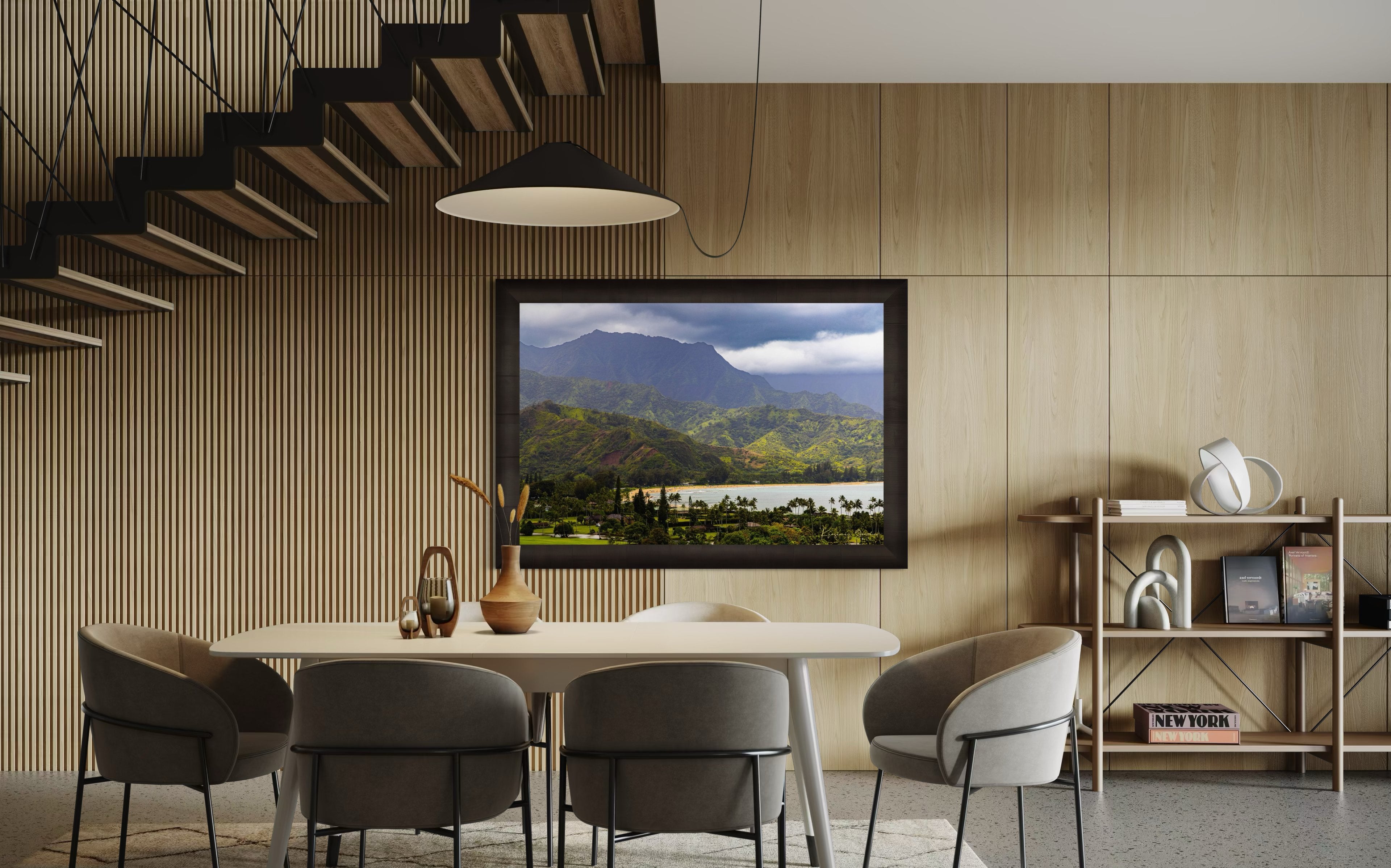 Ocean view of Hanalei Bay on Kauai's coast with lush hills and distant cloud-covered peaks. #Finish_Roma Dark Ash Frame