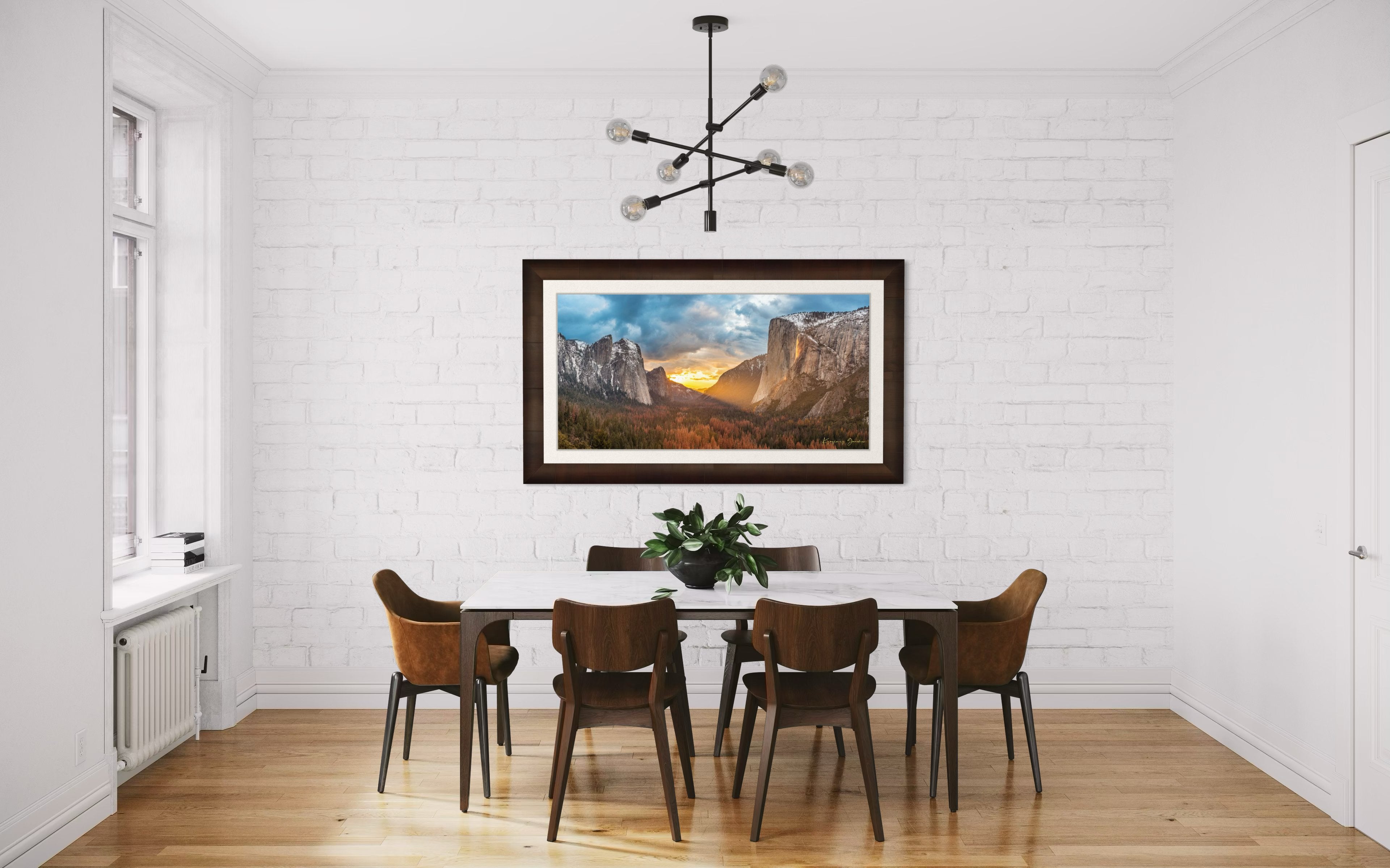 Horsetail Fall illuminated by sunset firefall glow descending the face of El Capitan in Yosemite National Park. #Finish_Roma Cigar Leaf Frame & Bright Liner