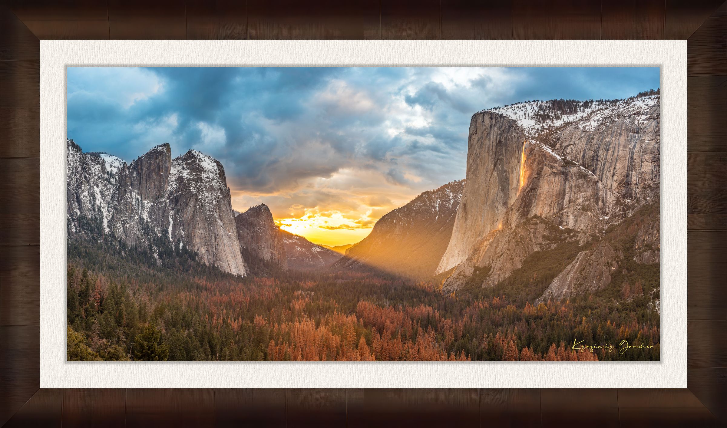 Horsetail Fall illuminated by sunset firefall glow descending the face of El Capitan in Yosemite National Park. #Finish_Roma Cigar Leaf Frame & Bright Liner
