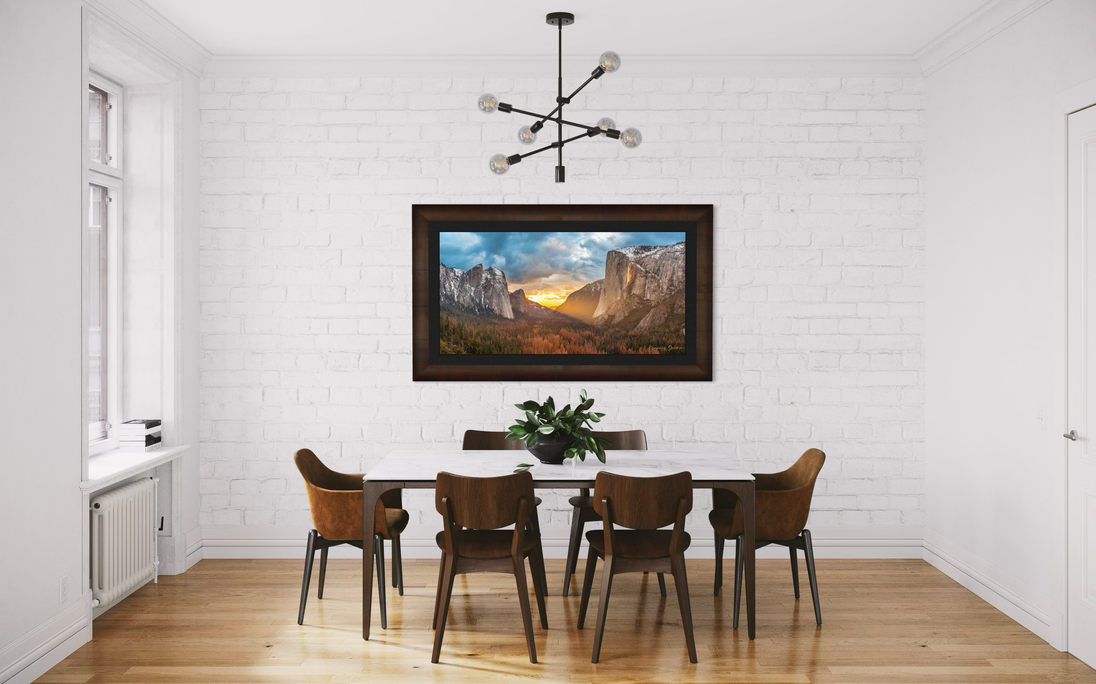 Horsetail Fall illuminated by sunset firefall glow descending the face of El Capitan in Yosemite National Park. #Finish_Roma Cigar Leaf Frame & Dark Liner