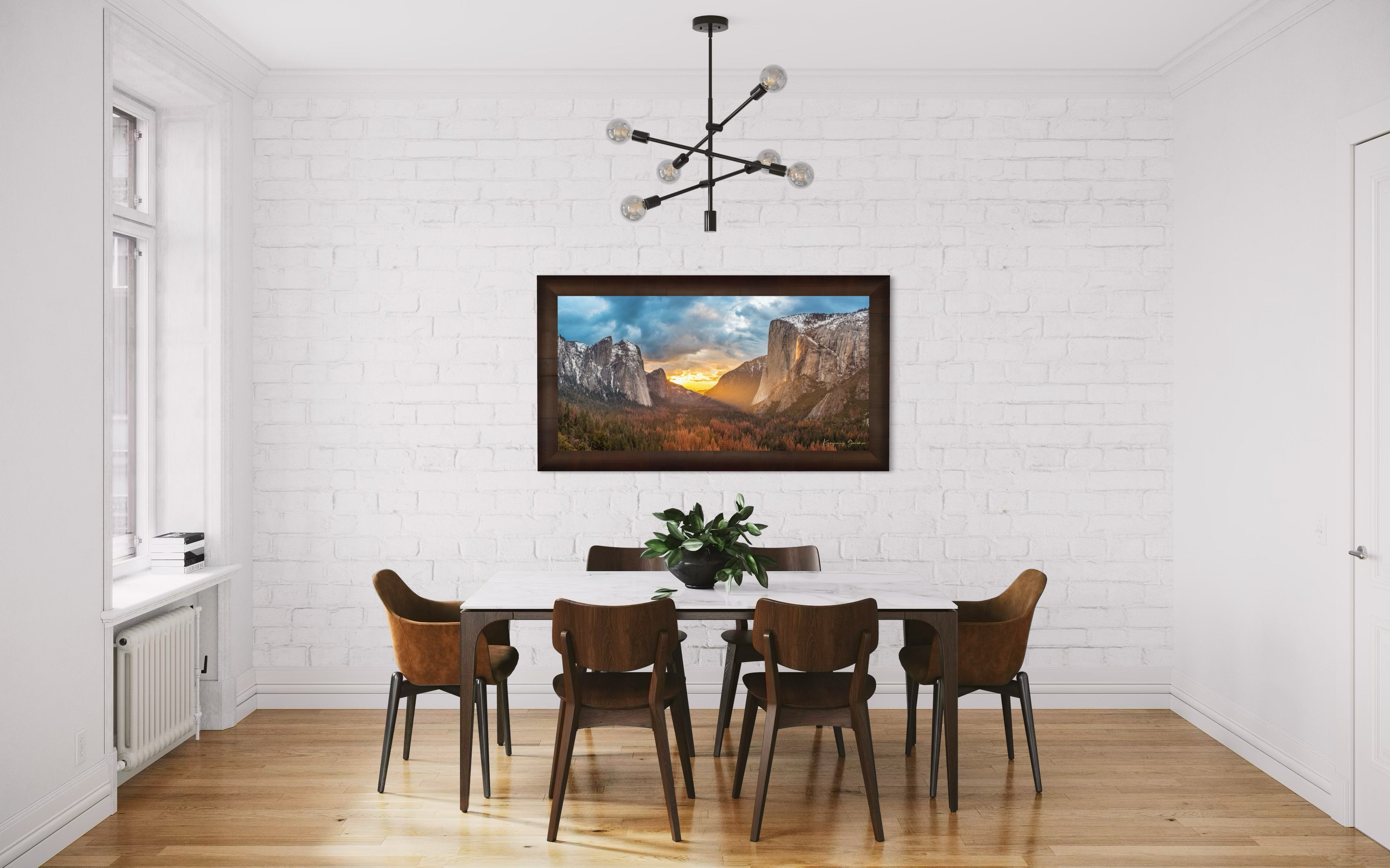 Horsetail Fall illuminated by sunset firefall glow descending the face of El Capitan in Yosemite National Park. #Finish_Roma Cigar Leaf Frame