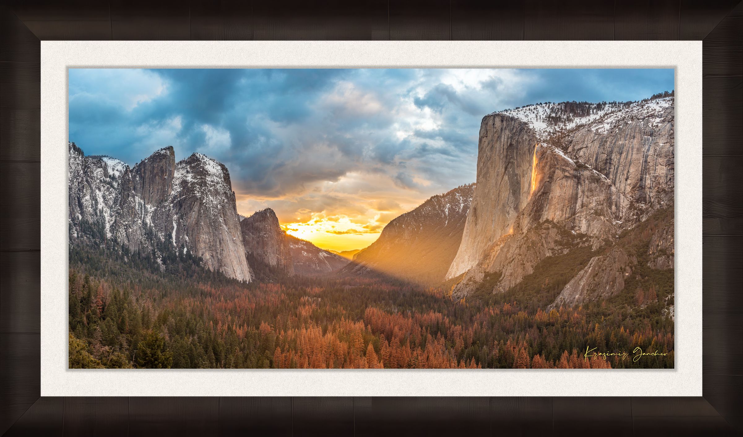 Horsetail Fall illuminated by sunset firefall glow descending the face of El Capitan in Yosemite National Park. #Finish_Roma Dark Ash Frame & Bright Liner