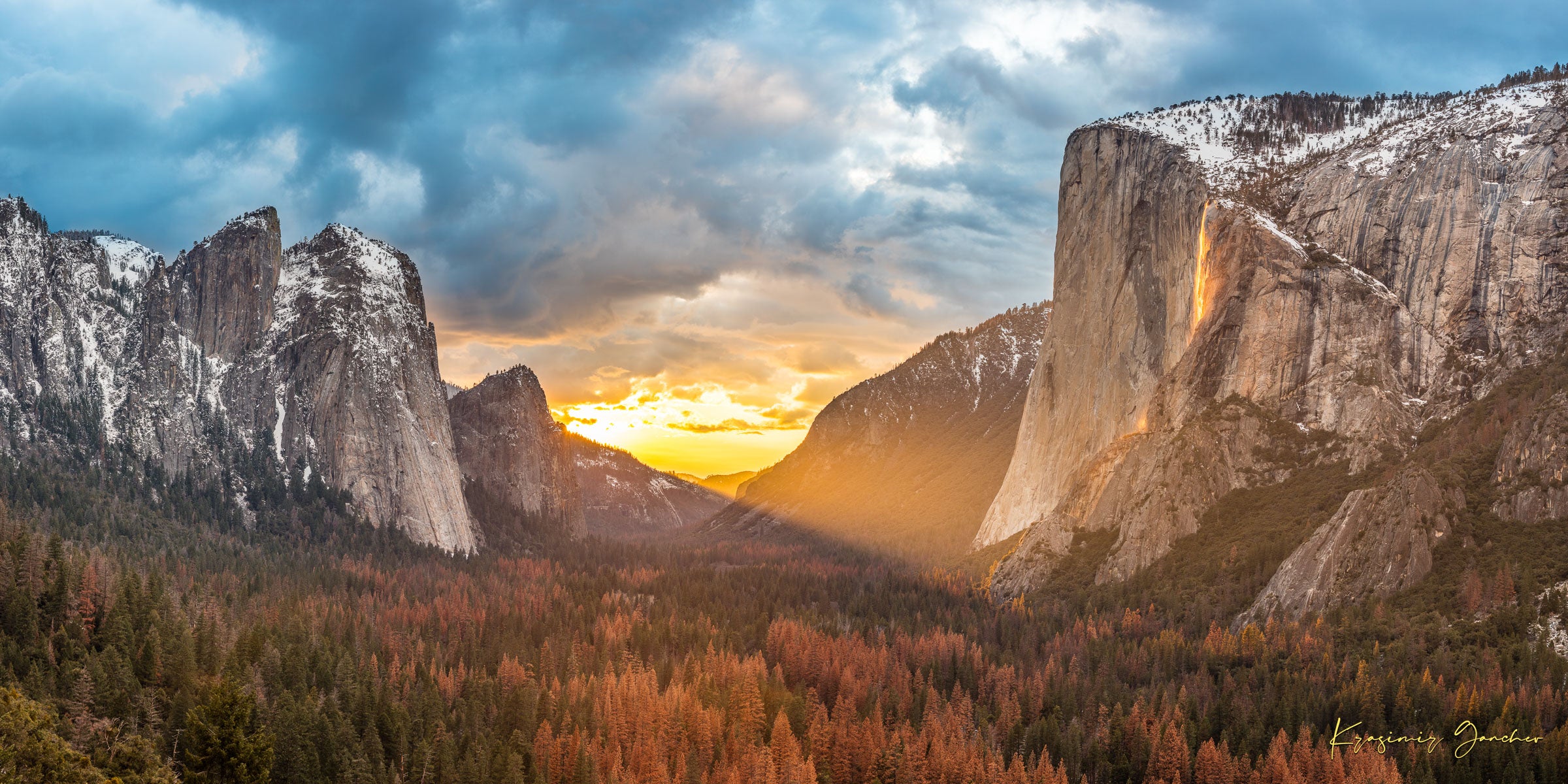 Horsetail Fall illuminated by sunset firefall glow descending the face of El Capitan in Yosemite National Park. #Finish_Acrylic Recess