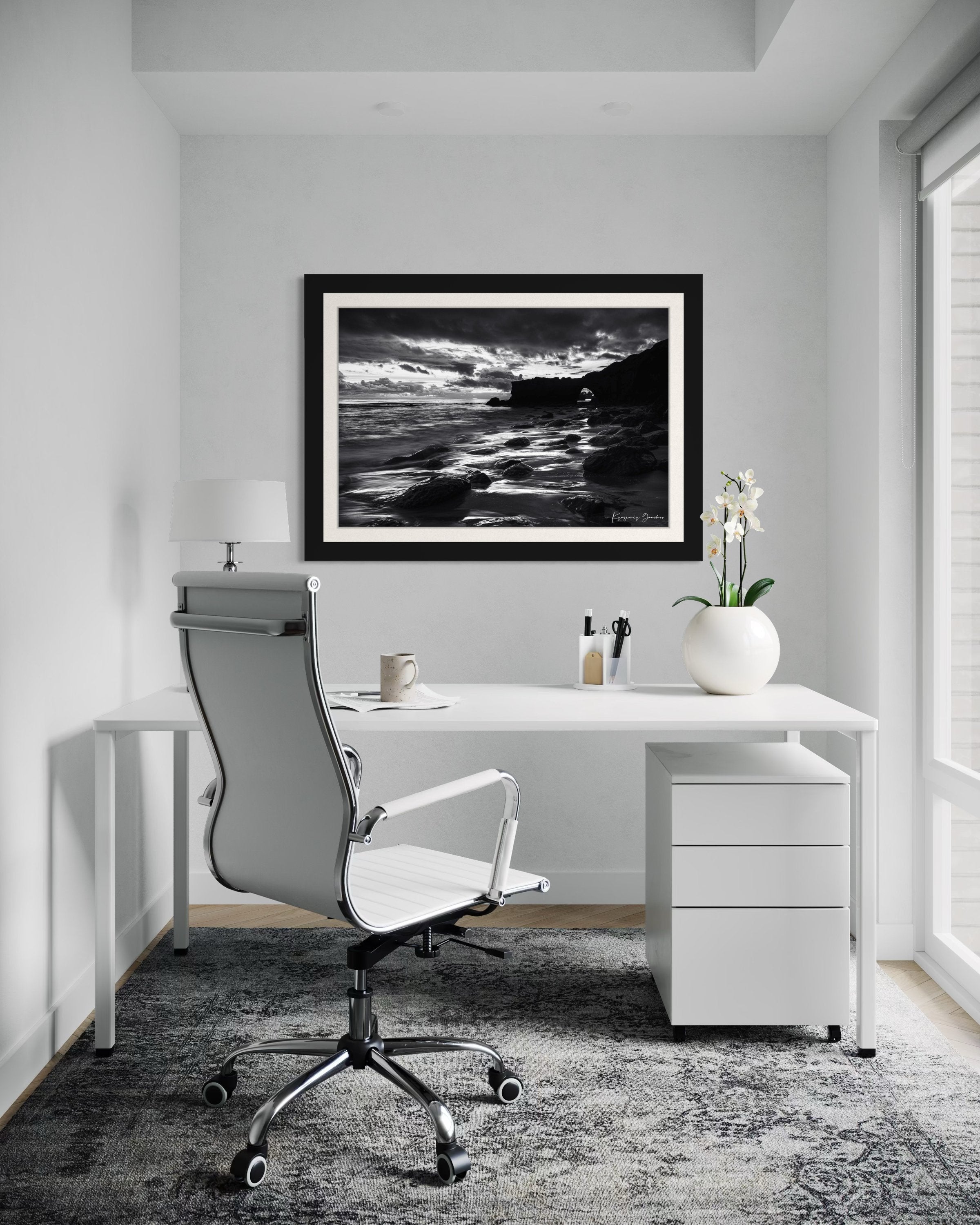 Black-and-white photograph showcasing a rock arch at Santa Cruz’s coastline during sunset with flowing waves. #Finish_Roma Satin Black Frame & Bright Liner