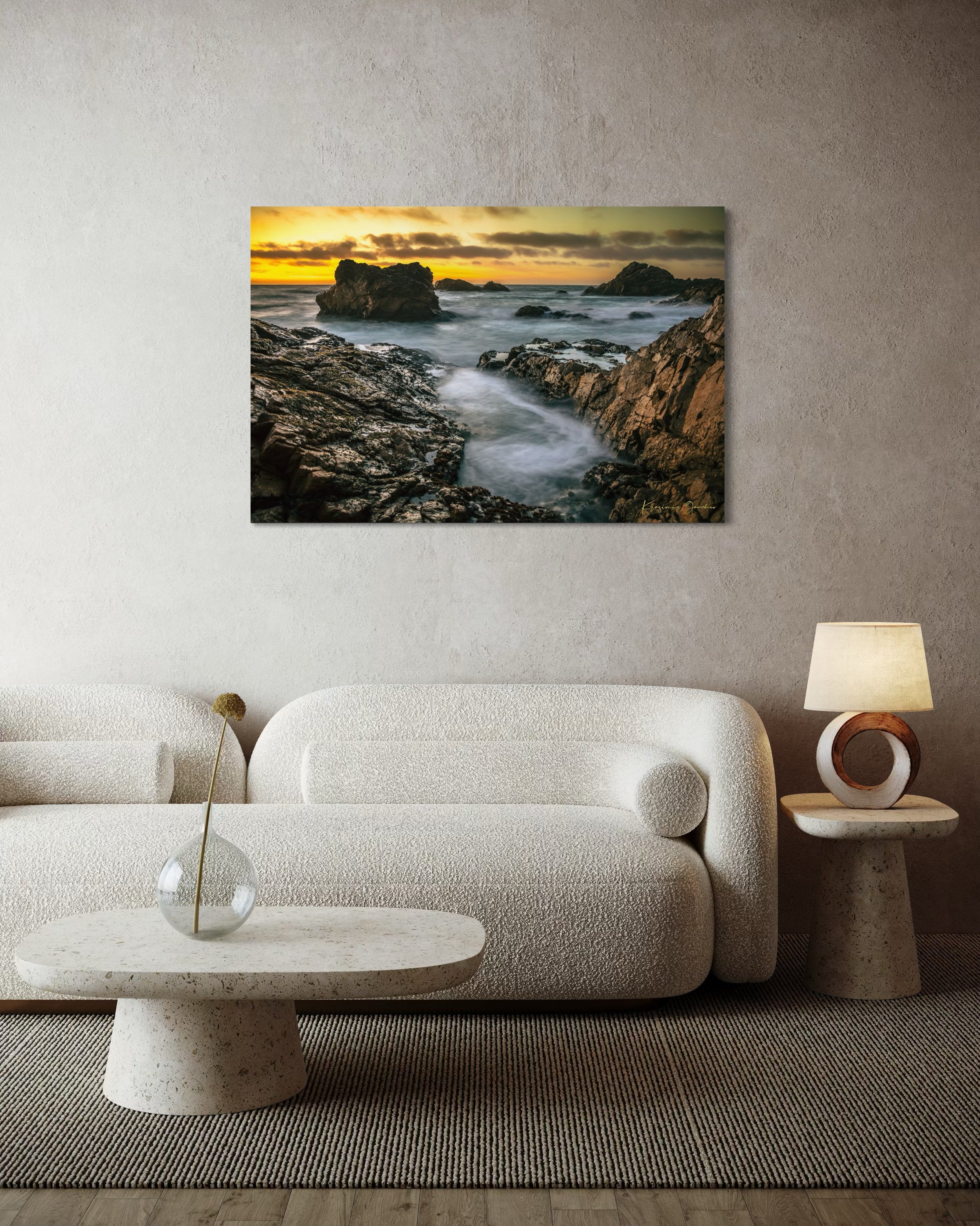 Jagged rocky cliffs along the Big Sur coast with rhythmic wave action, open ocean mist, clouds above, illuminated by late afternoon sunlight. #Finish_Acrylic Recess