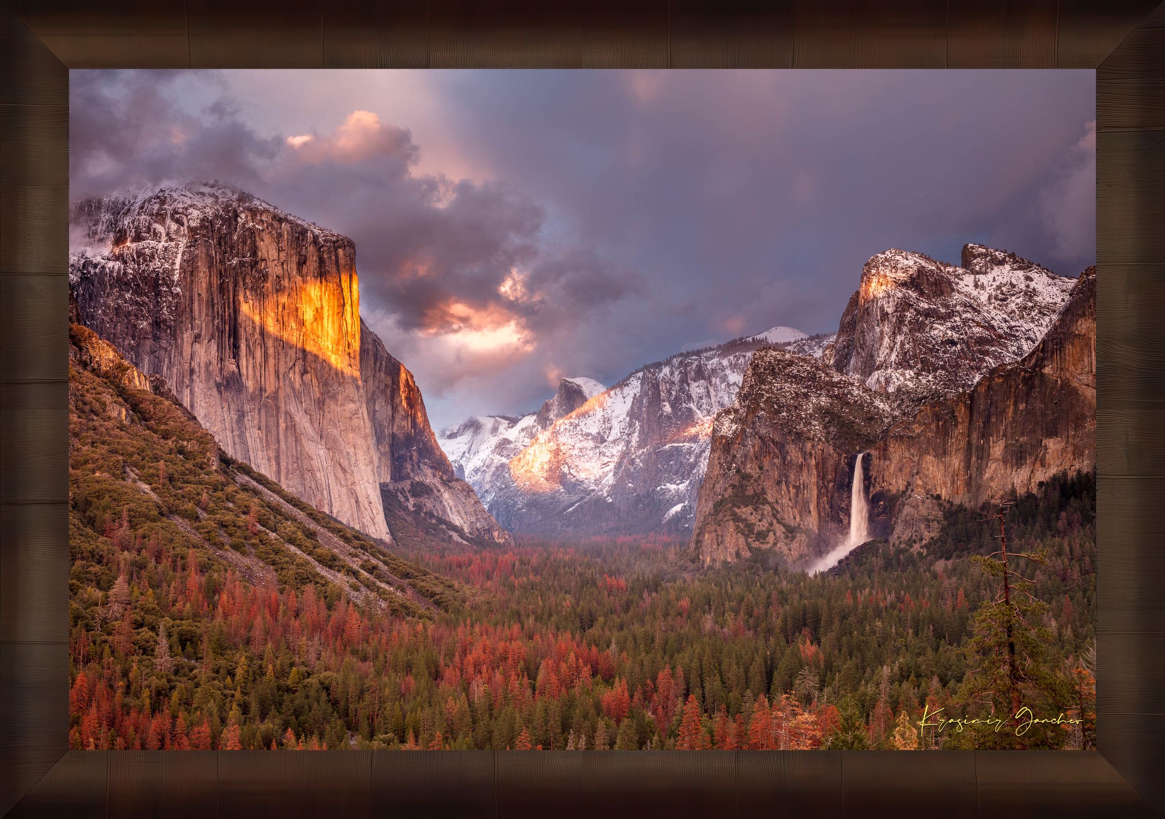 Granite monolith El Capitan rises above Yosemite Valley at golden hour, with snowy peaks and falling waterfall. #Finish_Roma Cigar Leaf Frame