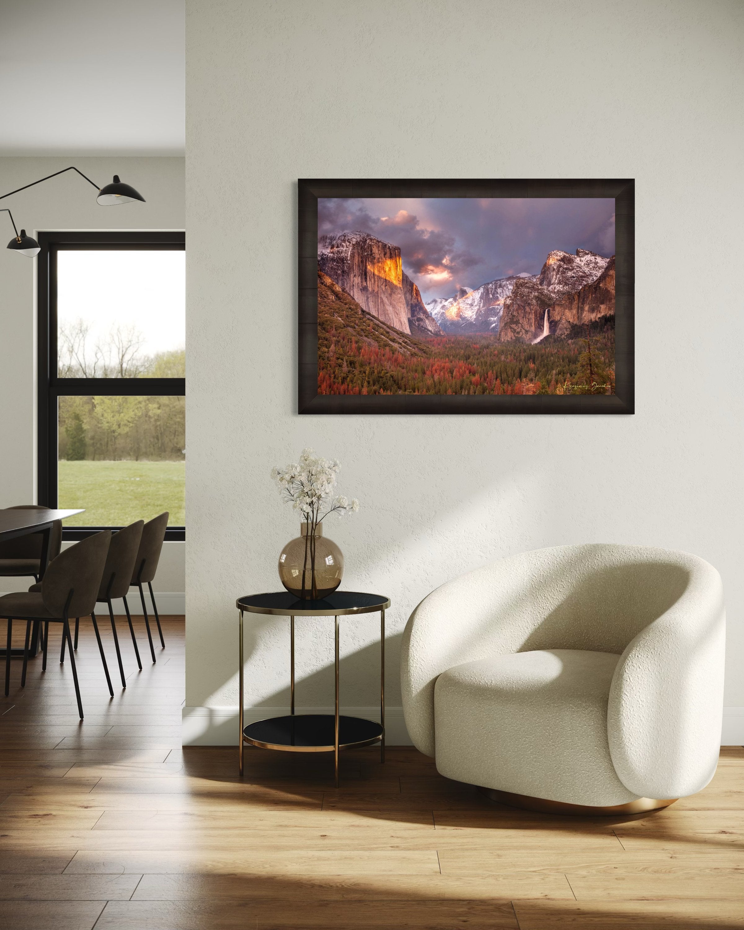 Granite monolith El Capitan rises above Yosemite Valley at golden hour, with snowy peaks and falling waterfall. #Finish_Roma Dark Ash Frame