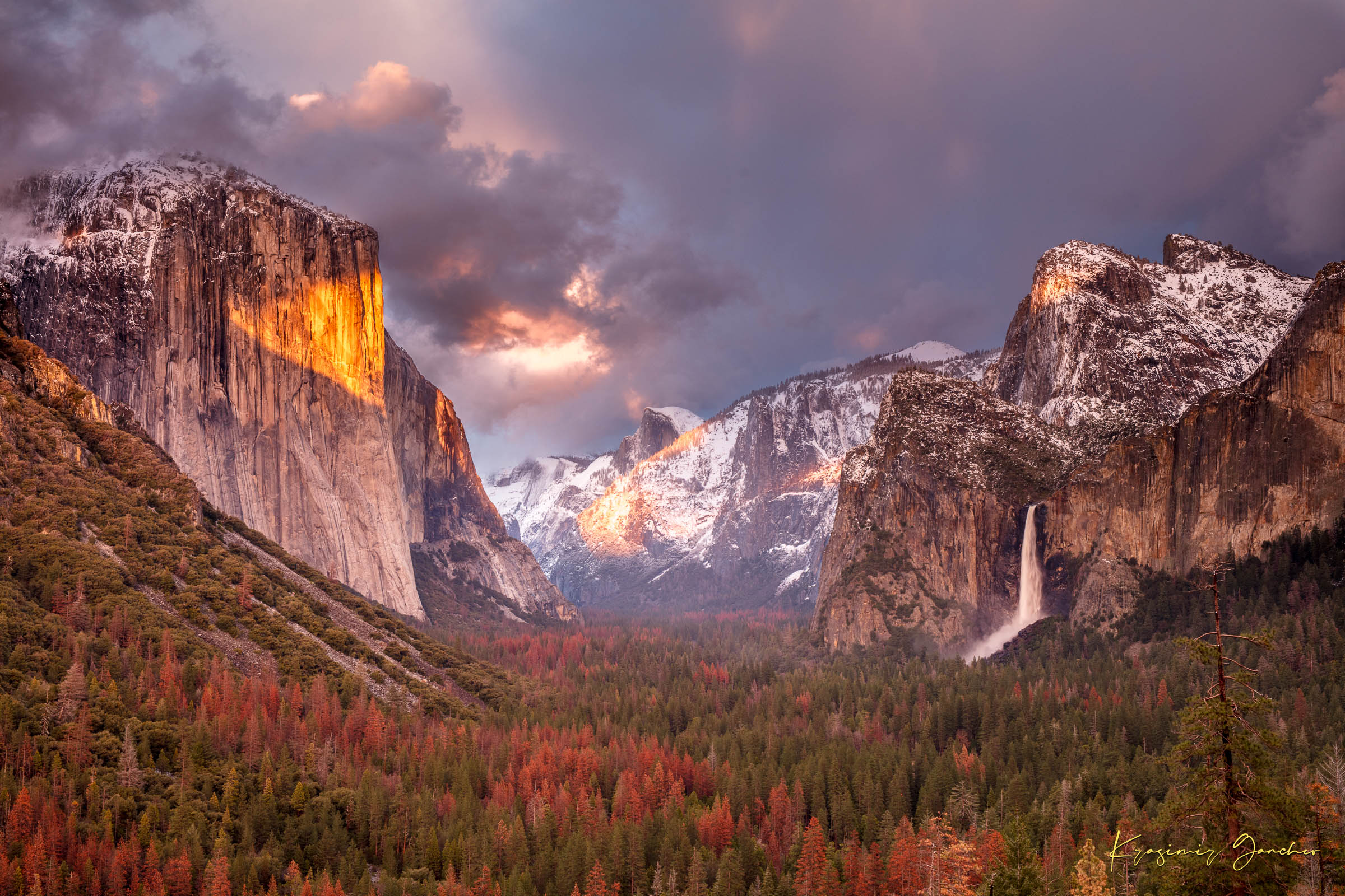 Granite monolith El Capitan rises above Yosemite Valley at golden hour, with snowy peaks and falling waterfall. #Finish_Acrylic Recess