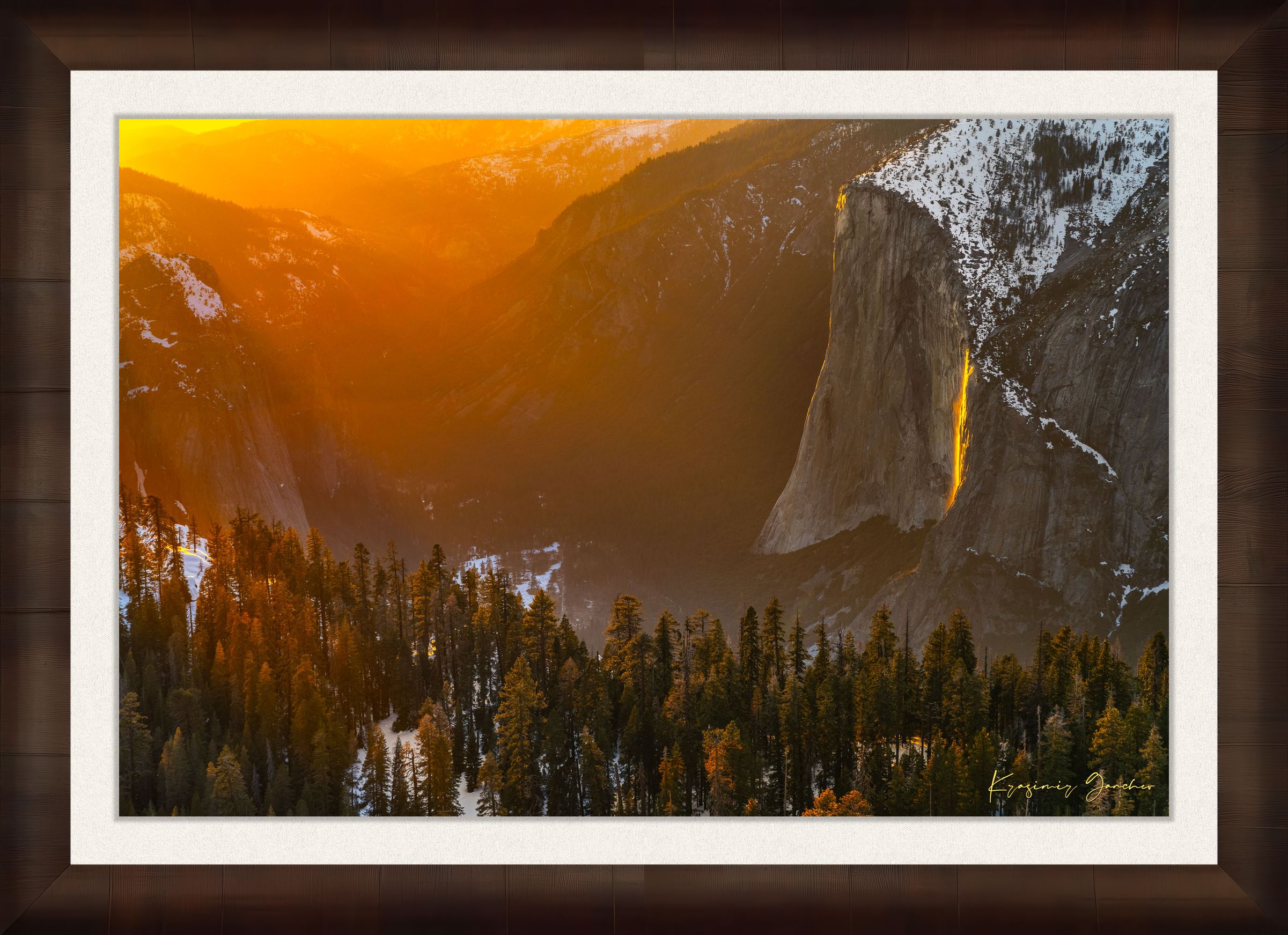 El Capitan illuminated by firefall light as a waterfall glows orange in Yosemite Valley. #Finish_Roma Cigar Leaf Frame & Bright Liner