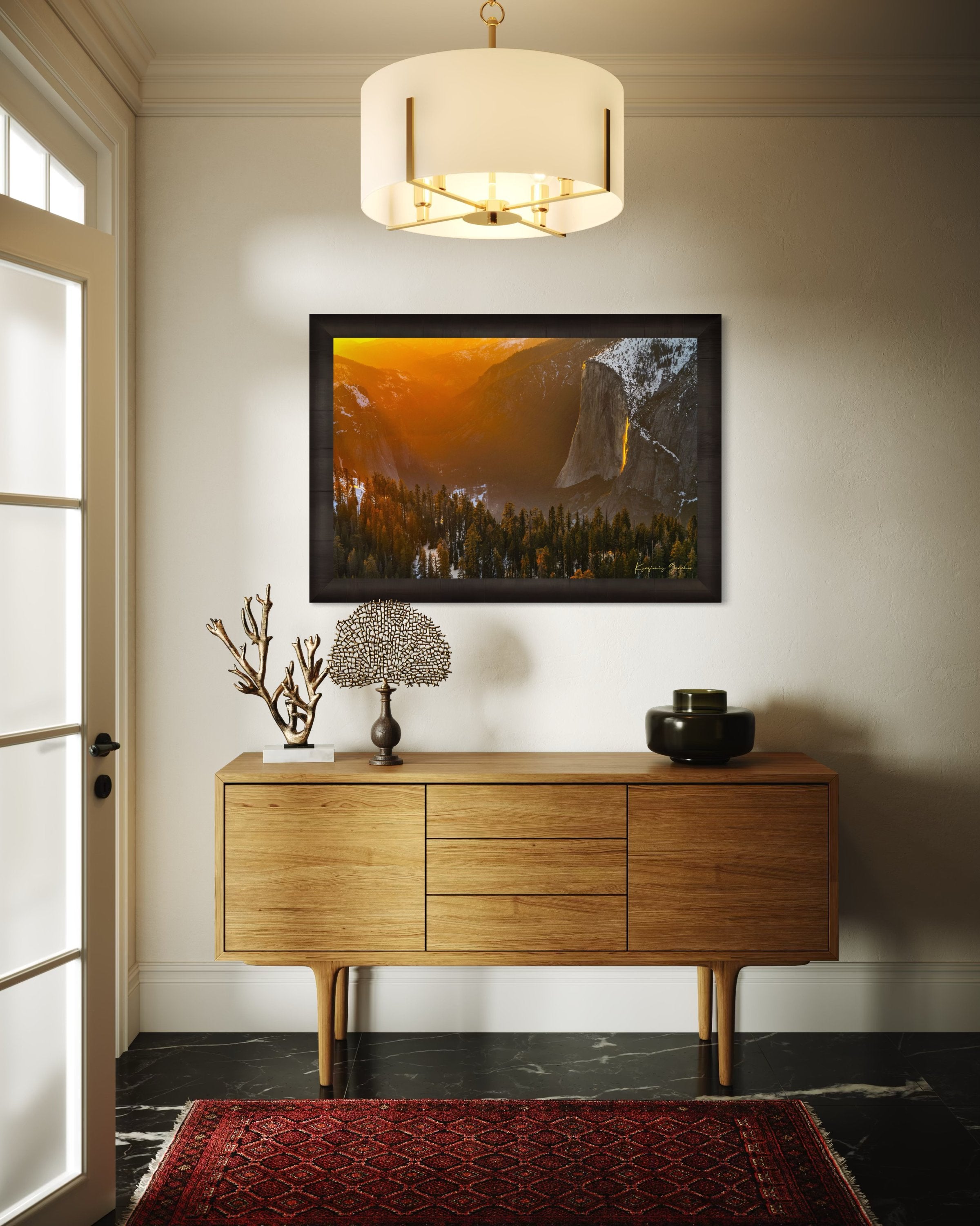 El Capitan illuminated by firefall light as a waterfall glows orange in Yosemite Valley. #Finish_Roma Dark Ash Frame