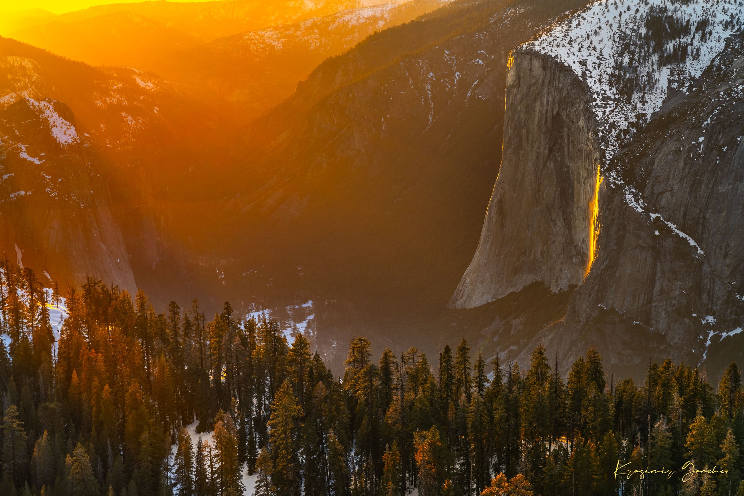 El Capitan illuminated by firefall light as a waterfall glows orange in Yosemite Valley. #Finish_Acrylic Recess
