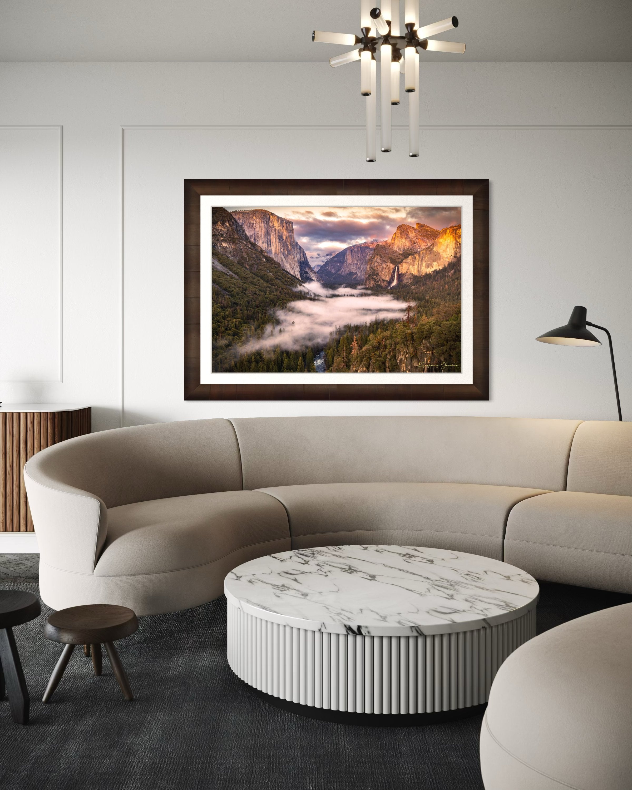 El Capitan silhouetted against sunset in Yosemite Valley, mist rising from river and waterfall beneath cloudy sky. #Finish_Roma Cigar Leaf Frame & Bright Liner