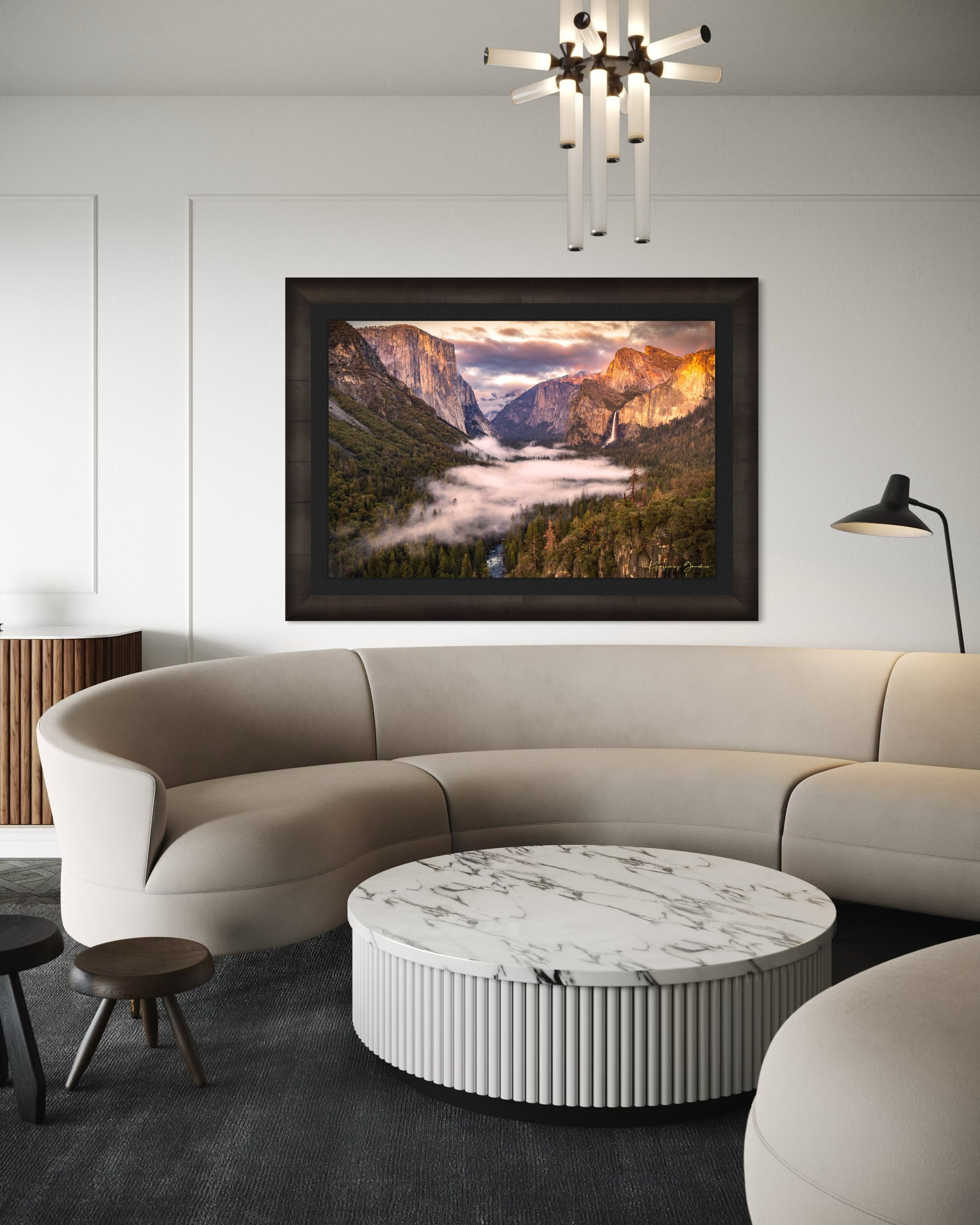 El Capitan silhouetted against sunset in Yosemite Valley, mist rising from river and waterfall beneath cloudy sky. #Finish_Roma Dark Ash Frame & Dark Liner
