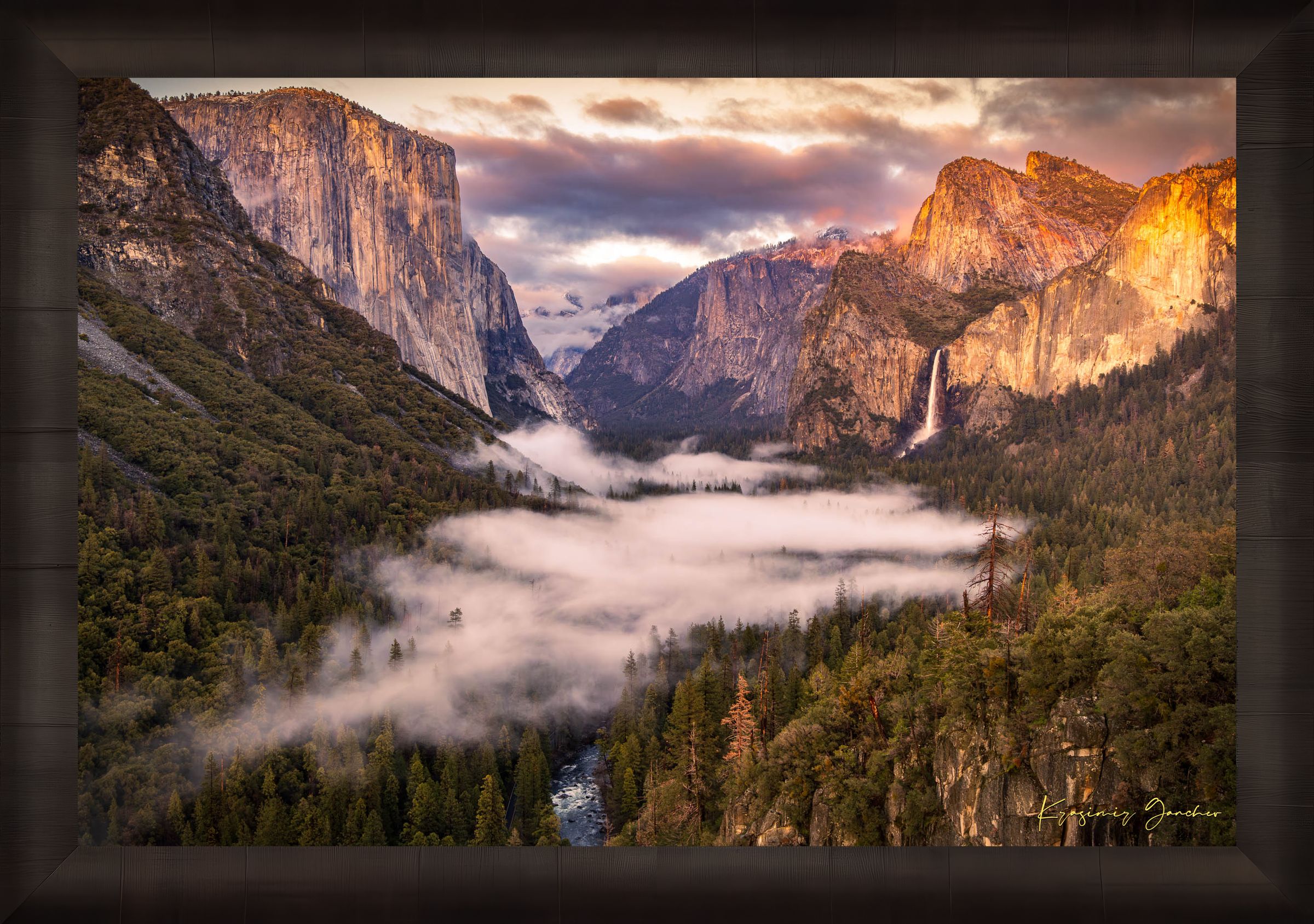 El Capitan silhouetted against sunset in Yosemite Valley, mist rising from river and waterfall beneath cloudy sky. #Finish_Roma Dark Ash Frame