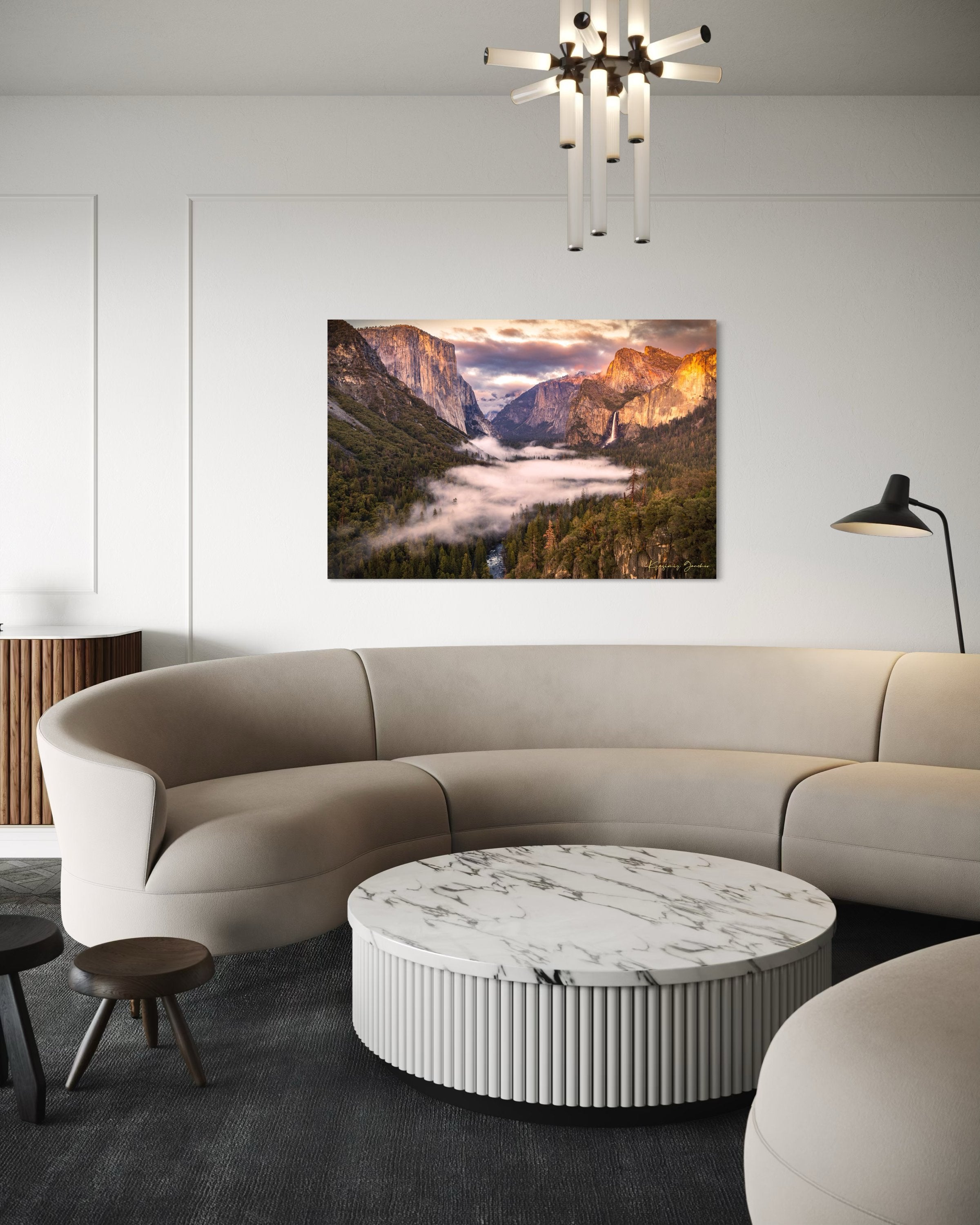 El Capitan silhouetted against sunset in Yosemite Valley, mist rising from river and waterfall beneath cloudy sky. #Finish_Acrylic Recess