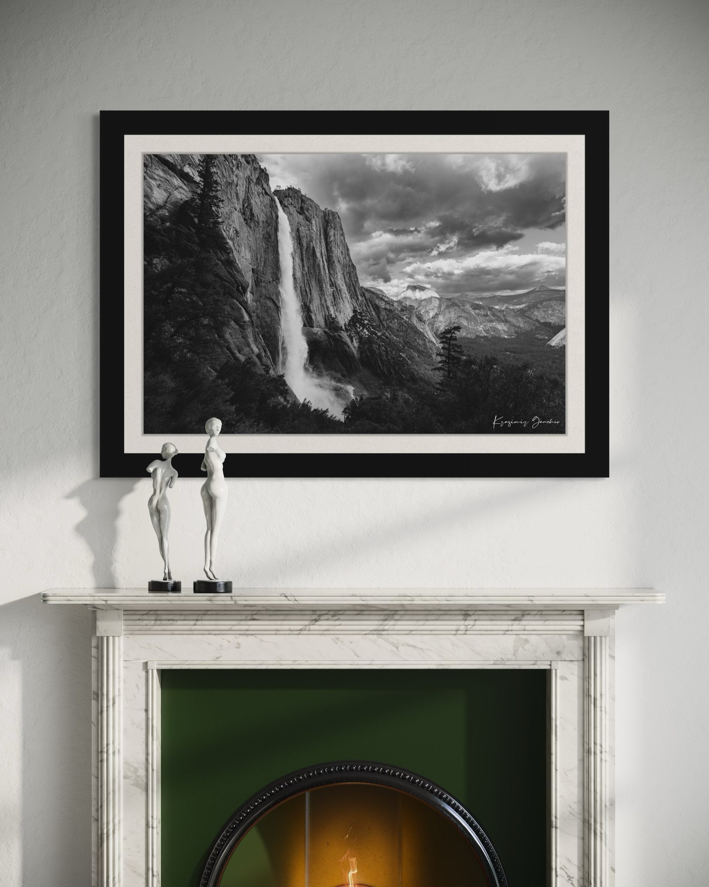 Yosemite Falls during twilight under cloudy sky, abstract water flow against monolithic rock face. #Finish_Roma Satin Black Frame & Bright Liner