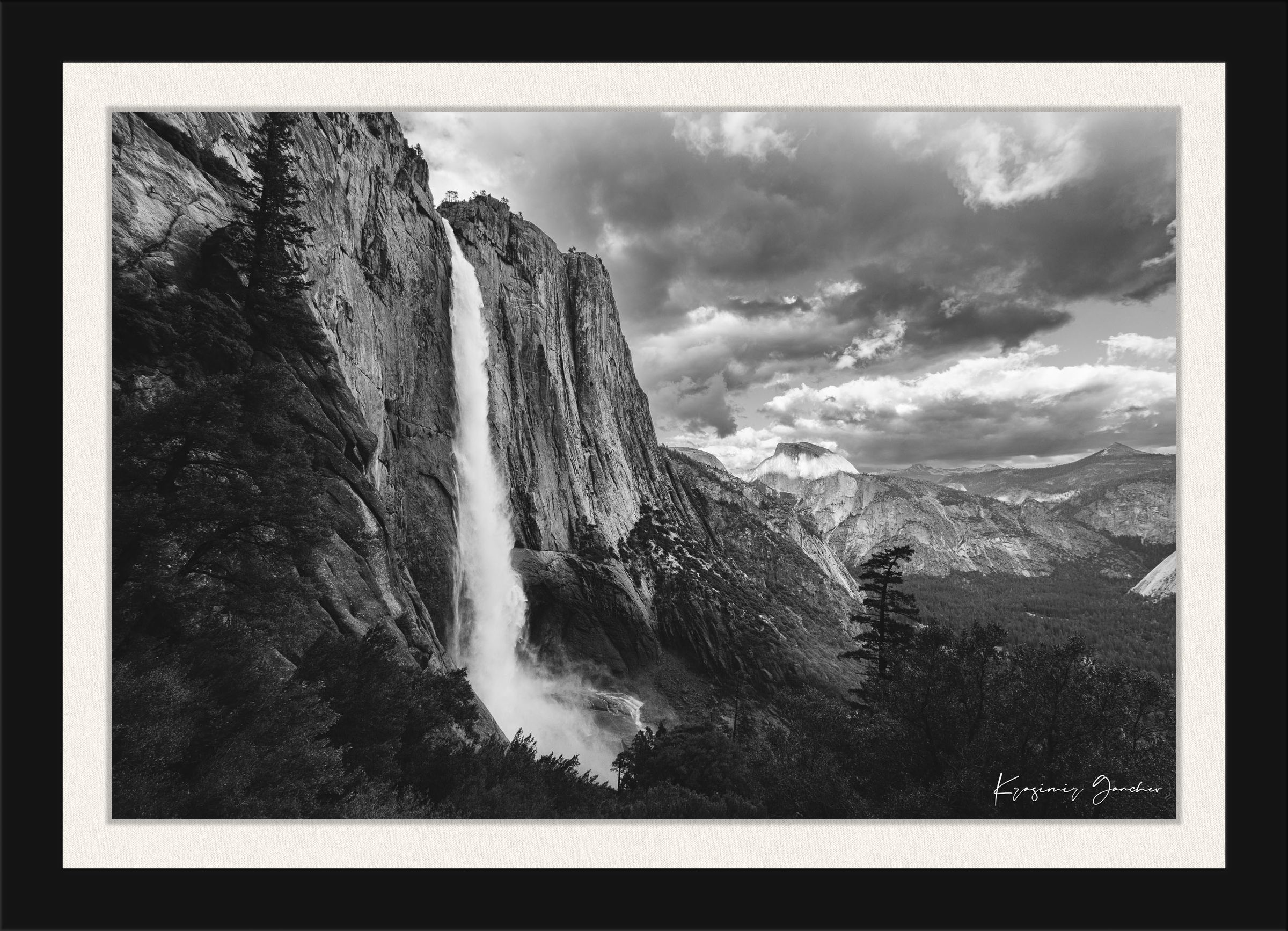 Yosemite Falls during twilight under cloudy sky, abstract water flow against monolithic rock face. #Finish_Roma Satin Black Frame & Bright Liner