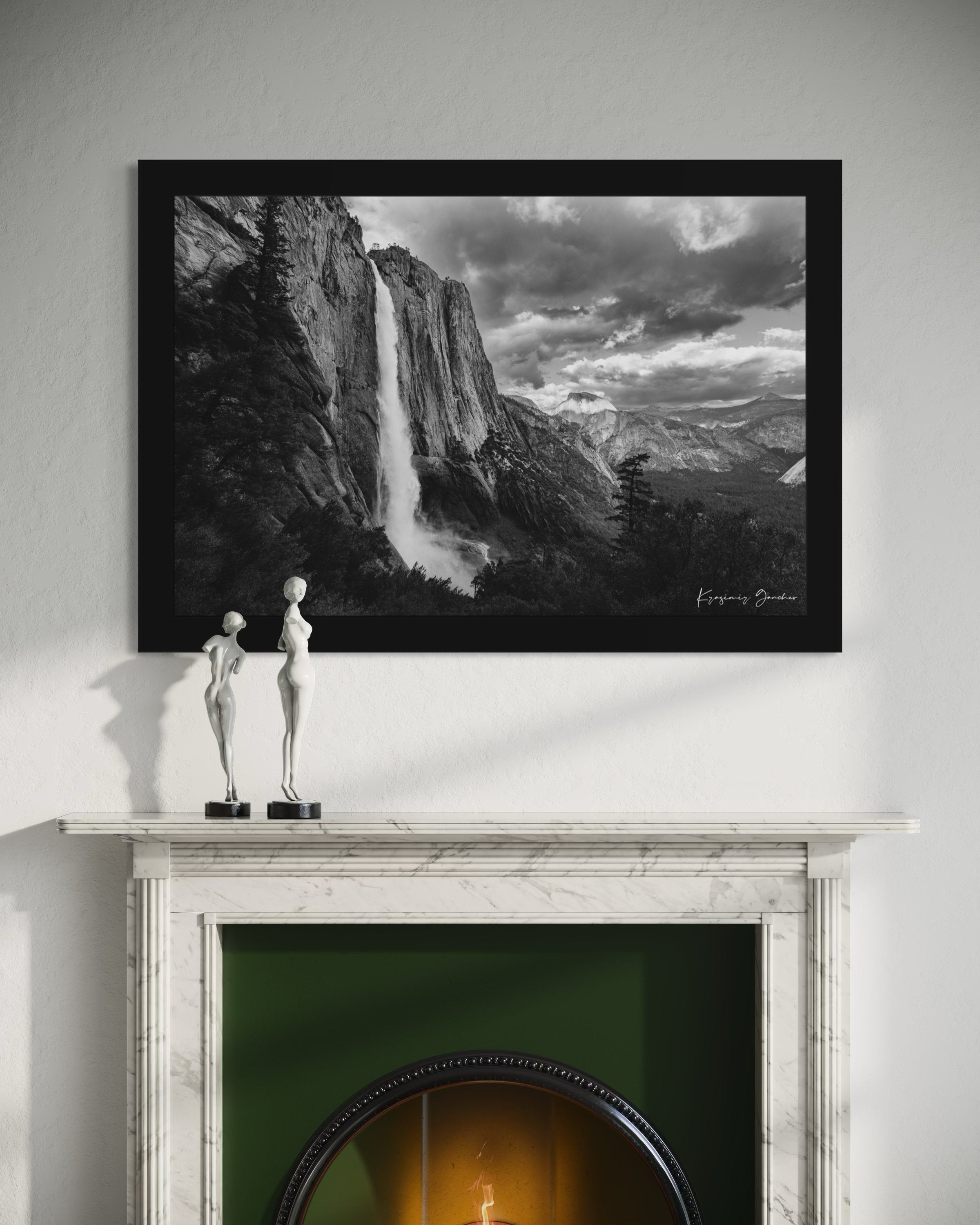 Yosemite Falls during twilight under cloudy sky, abstract water flow against monolithic rock face. #Finish_Roma Satin Black Frame