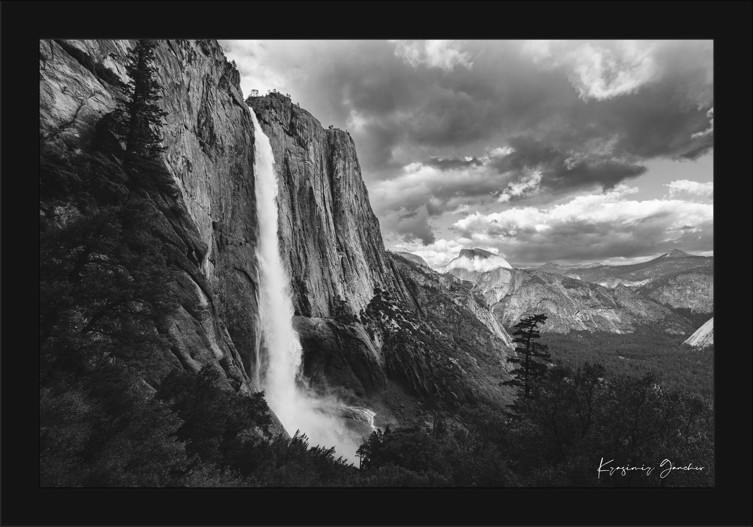 Yosemite Falls during twilight under cloudy sky, abstract water flow against monolithic rock face. #Finish_Roma Satin Black Frame