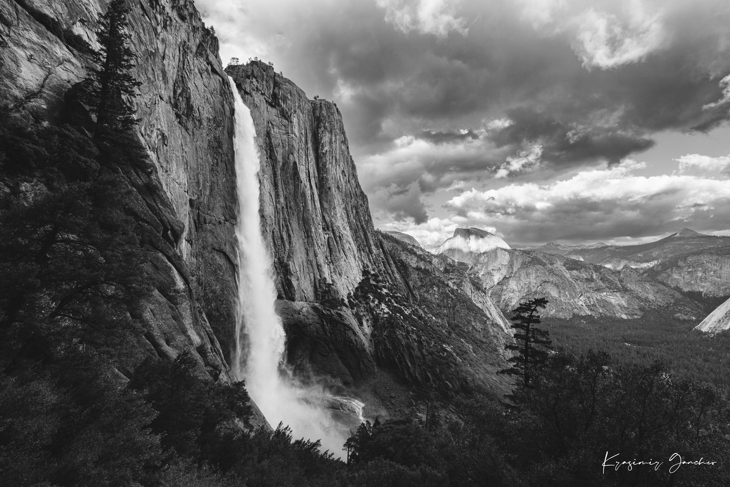Yosemite Falls during twilight under cloudy sky, abstract water flow against monolithic rock face. #Finish_Acrylic Recess