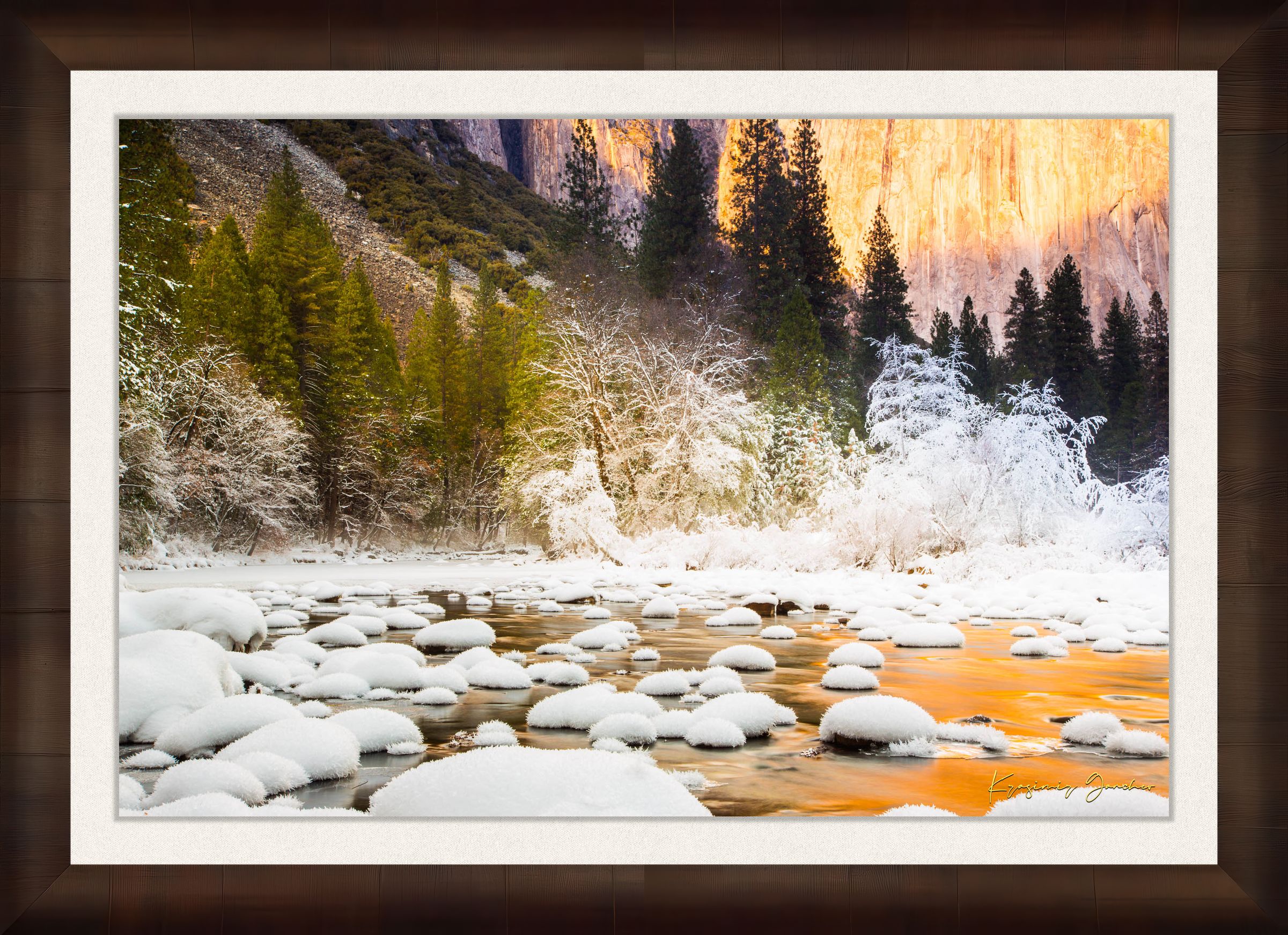 Merced River flowing through Yosemite National Park during sunset with golden light reflecting on snowy granite rock faces. #Finish_Roma Cigar Leaf Frame & Bright Liner