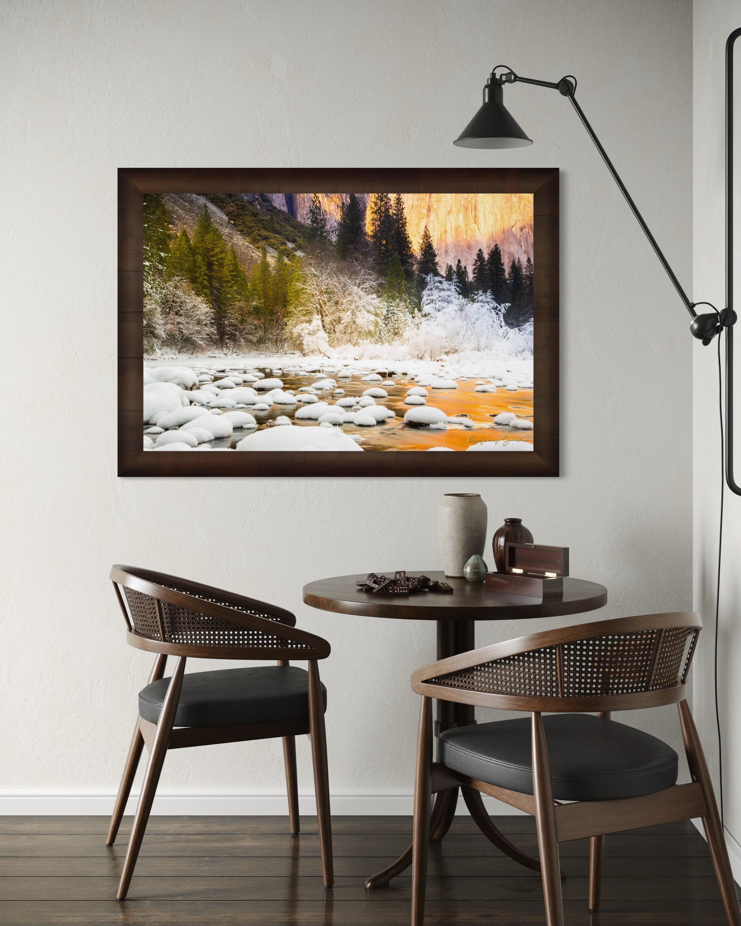 Merced River flowing through Yosemite National Park during sunset with golden light reflecting on snowy granite rock faces. #Finish_Roma Cigar Leaf Frame